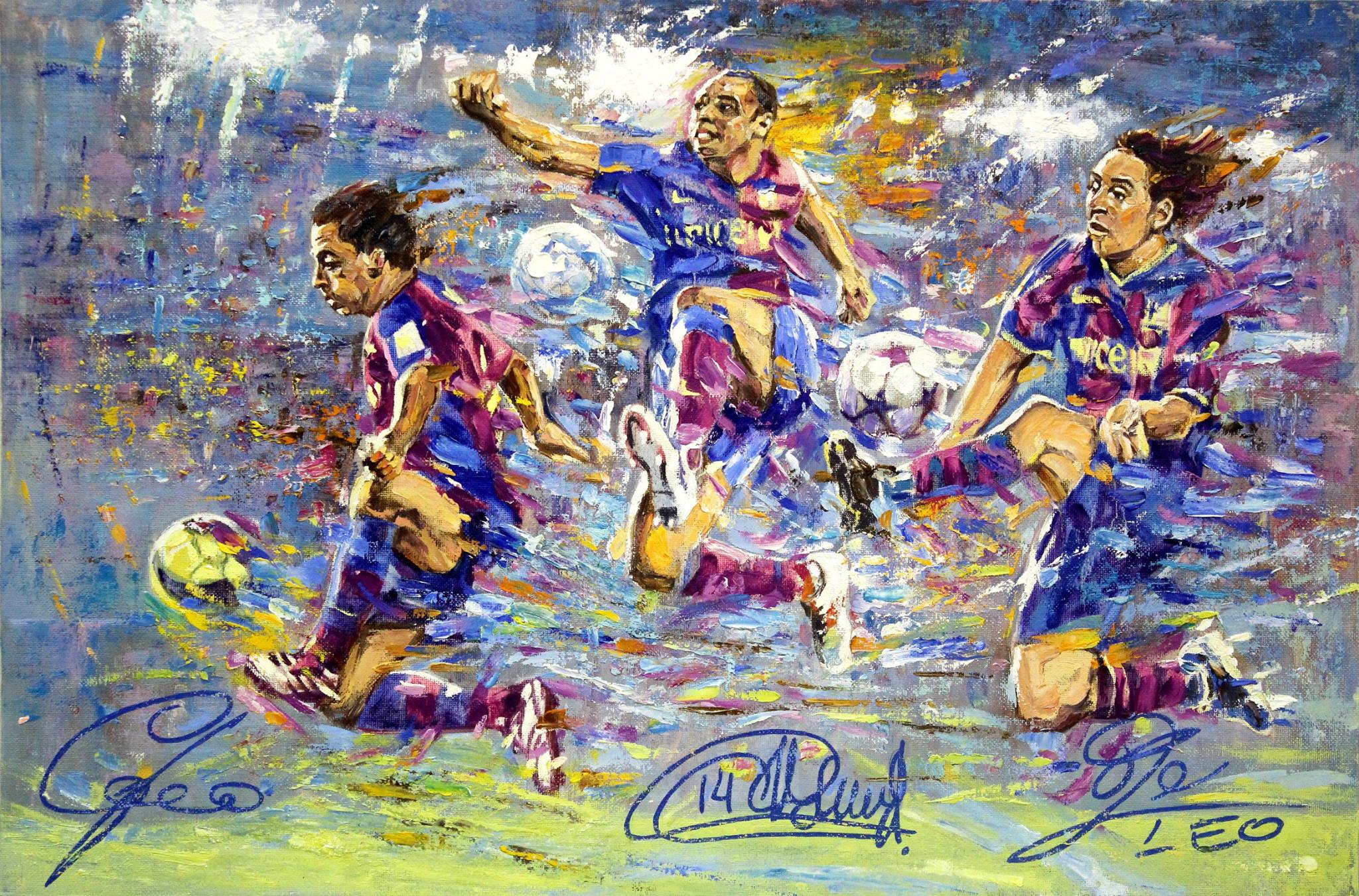 Барселона: Месси, Тьерри, Хави. Картина, живопись Барселона: Месси, Тьерри, Хави. Картина, живопись