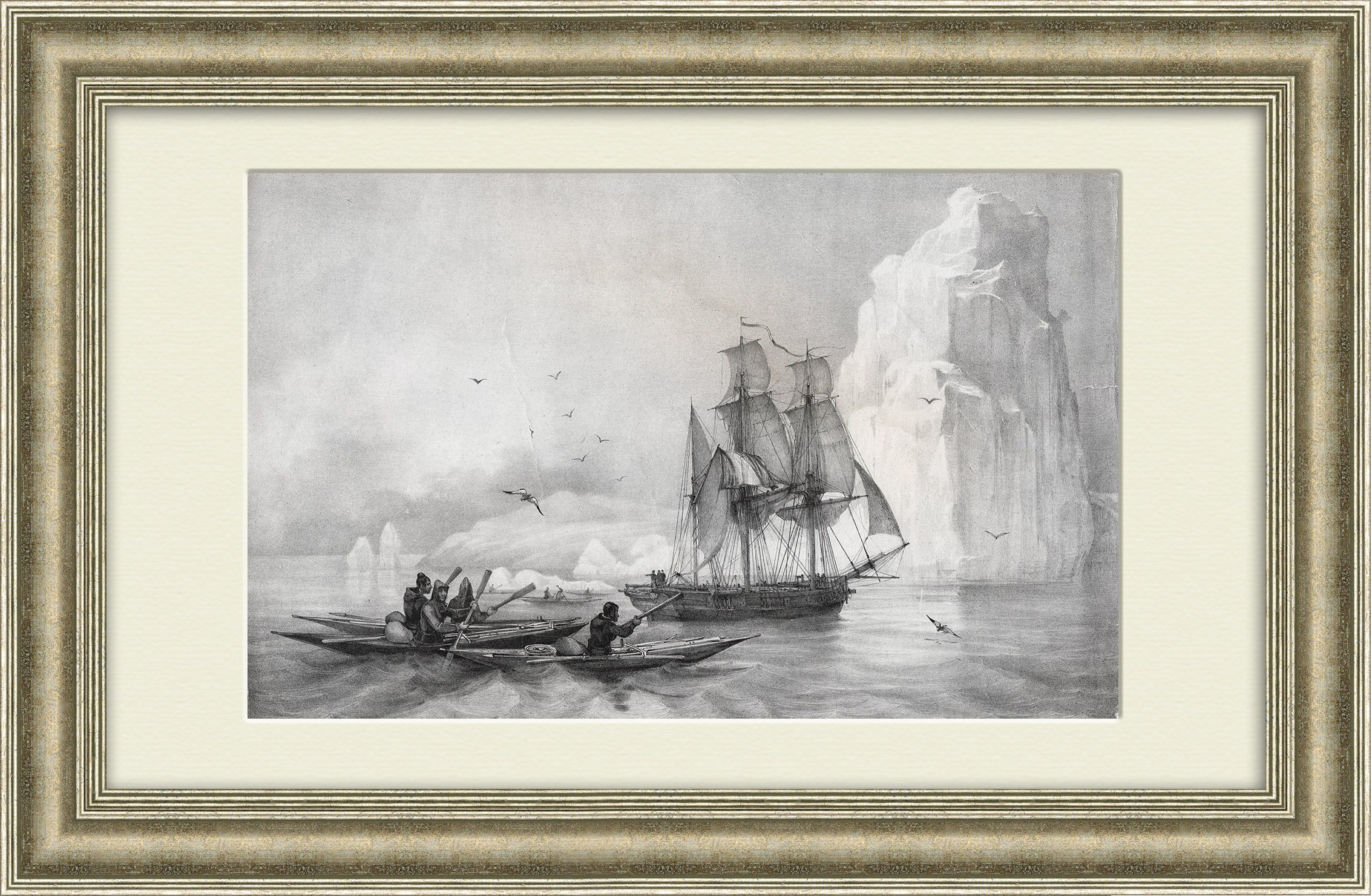 Коренные народы Севера и чужеземные корабли. Старинная литография Коренные народы Севера и чужеземные корабли. Старинная литография