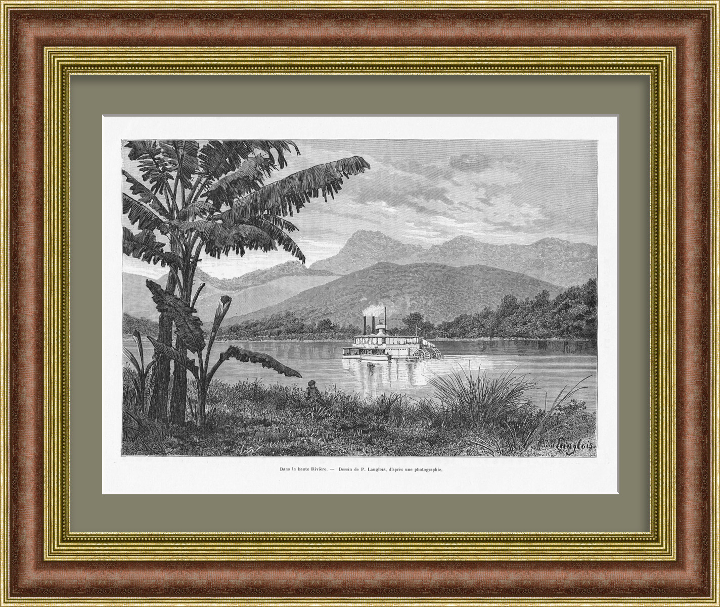 Пароход, плывущий по Красной реке в Тонкине, Вьетнам. Старинная гравюра Пароход, плывущий по Красной реке в Тонкине, Вьетнам. Старинная гравюра