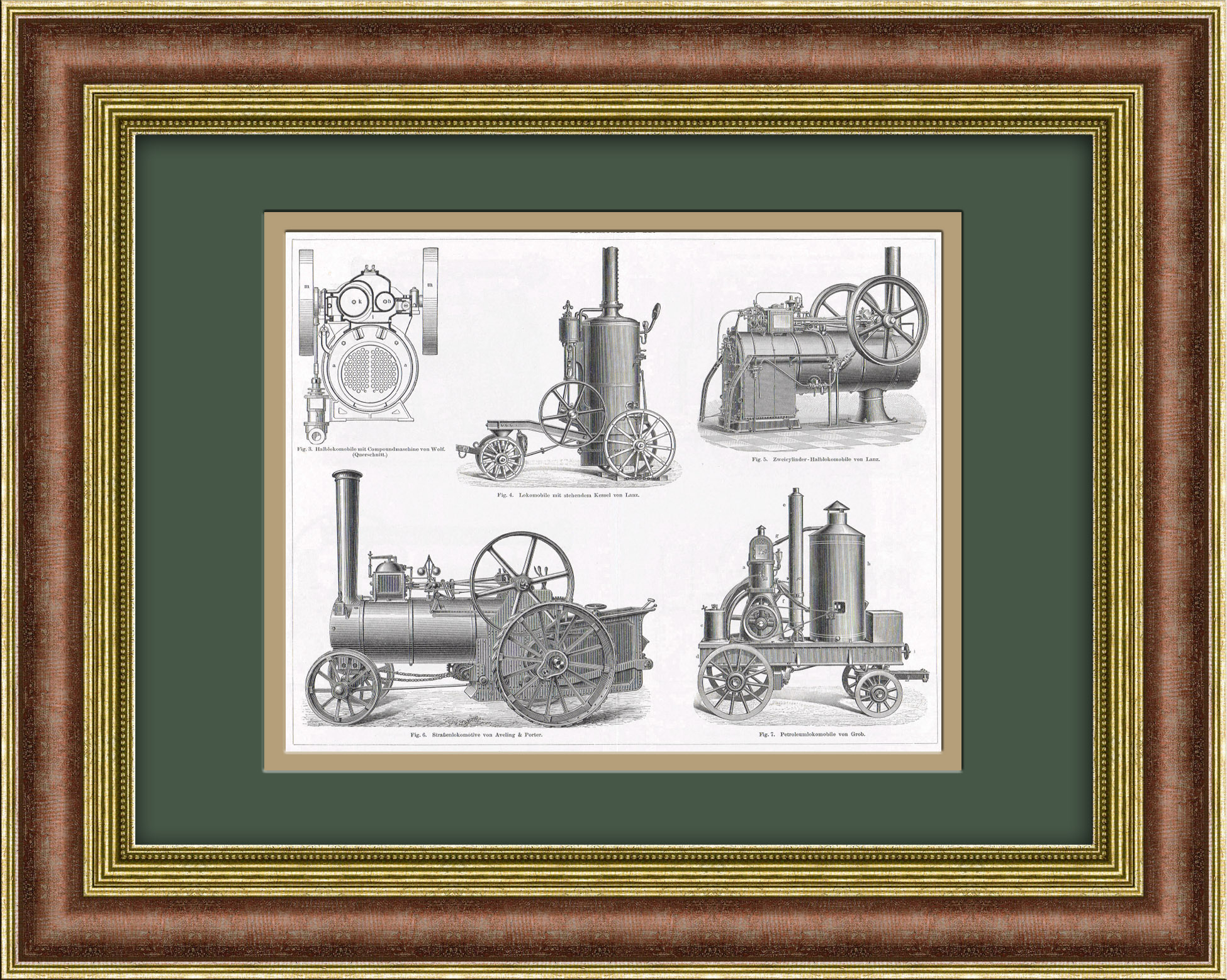 Типы локомобилей. Старинная литография Типы локомобилей. Старинная литография