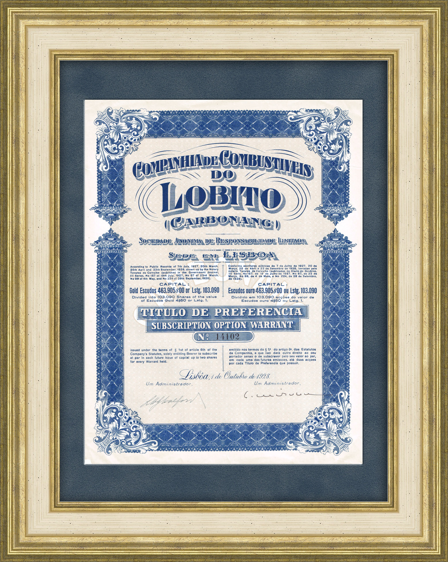 Акция португальской нефтяной компании Companhia de Combustiveis do Lobito 1928 года Акция португальской нефтяной компании Companhia de Combustiveis do Lobito 1928 года