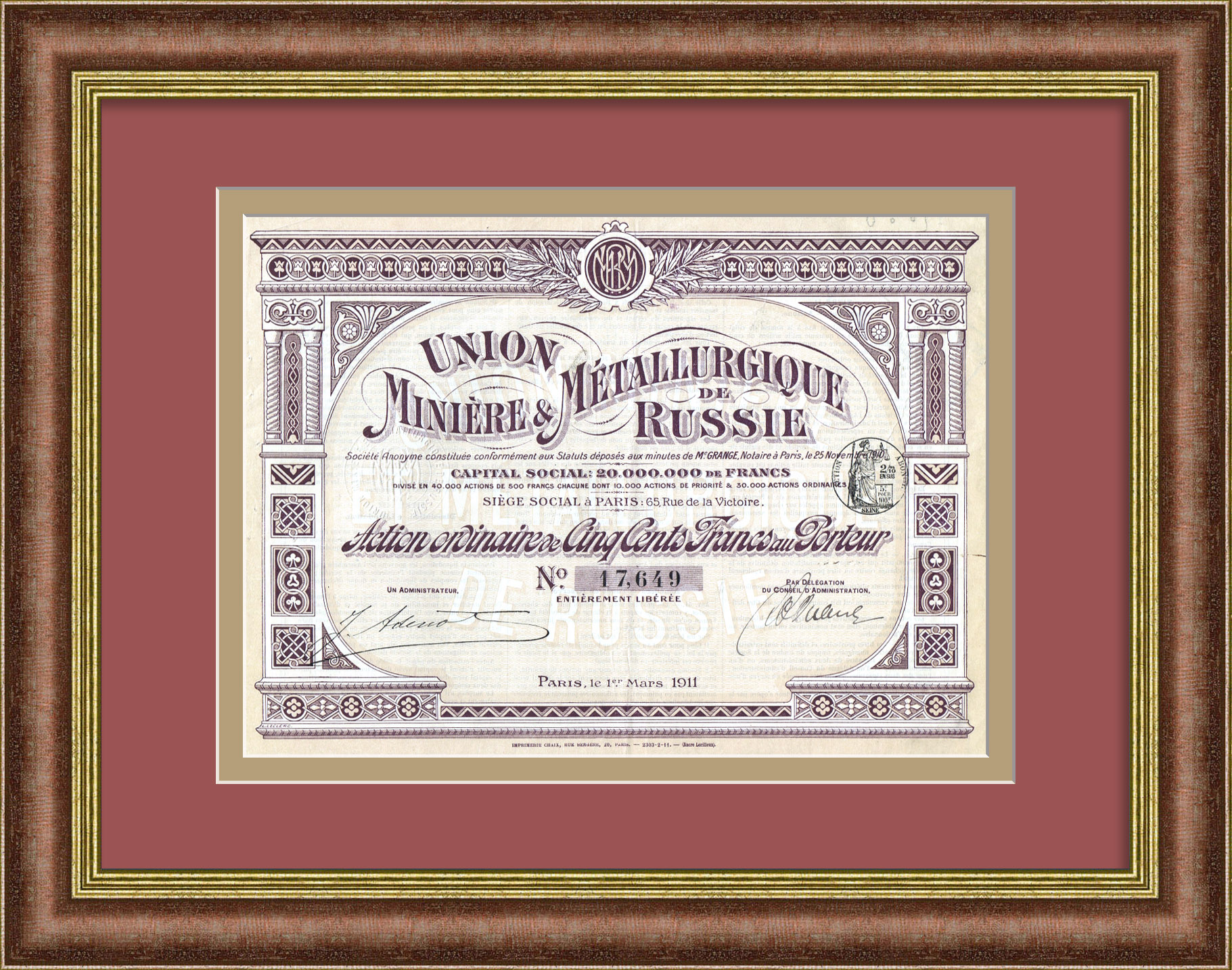 Союз горнодобывающей и металлургической промышленности России. Антикварная акция на 500 франков, 1911 год Союз горнодобывающей и металлургической промышленности России. Антикварная акция на 500 франков, 1911 год
