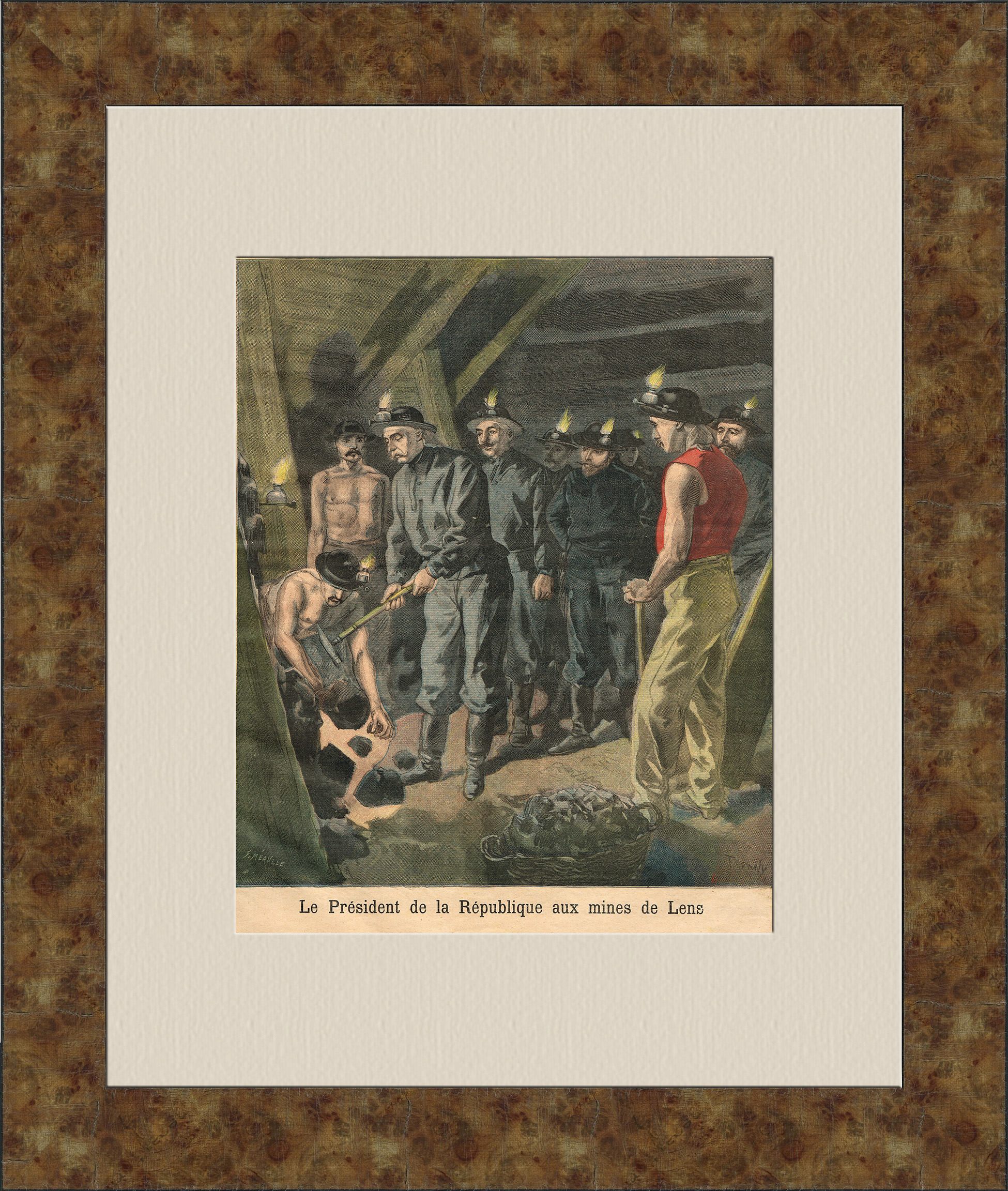 Шахтеры и президент Франции в Лансе. Старинная литография Шахтеры и президент Франции в Лансе. Старинная литография