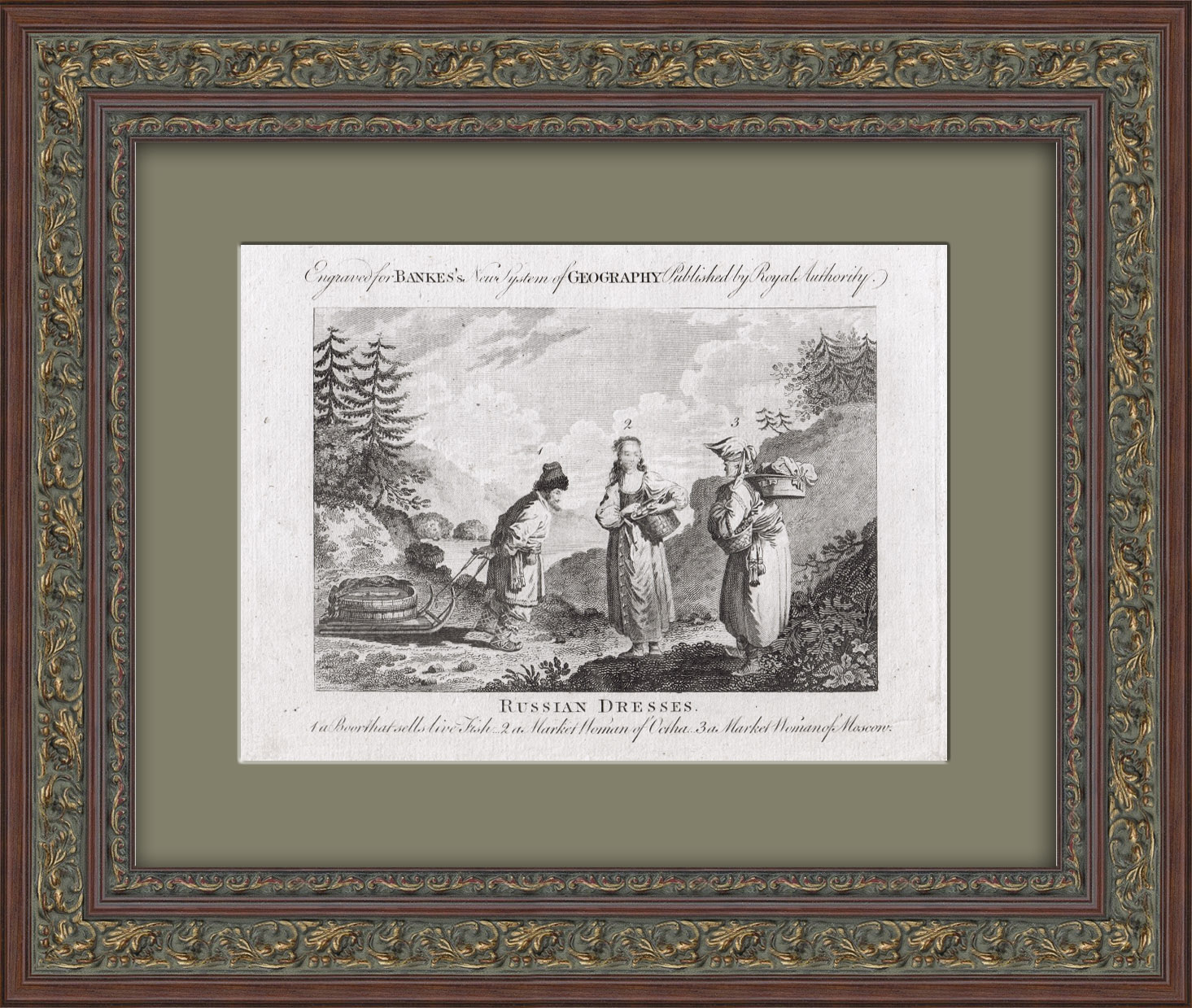 Русские национальные костюмы: простолюдин, торгующий живой рыбой, охтинская и московская купчихи. Гравюре 235 лет! Русские национальные костюмы: простолюдин, торгующий живой рыбой, охтинская и московская купчихи. Гравюре 235 лет!