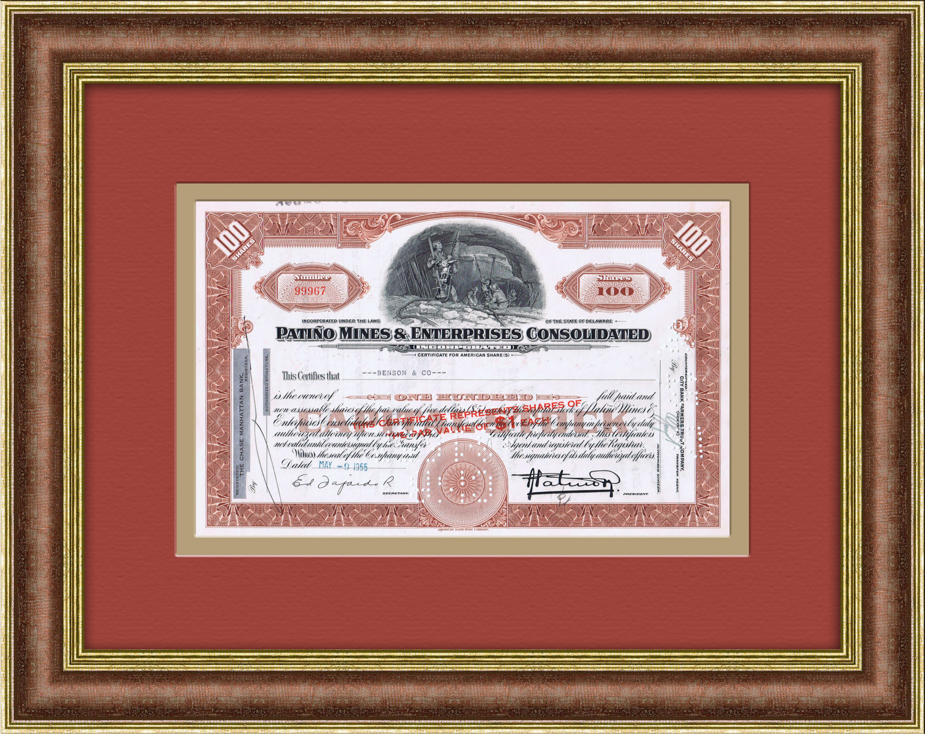 Шахты и добыча олова: Сертификат на 100 акций боливийской компании Patino Mines & Enterprises Consolidated Inc. 1955 года Шахты и добыча олова: Сертификат на 100 акций боливийской компании Patino Mines & Enterprises Consolidated Inc. 1955 года