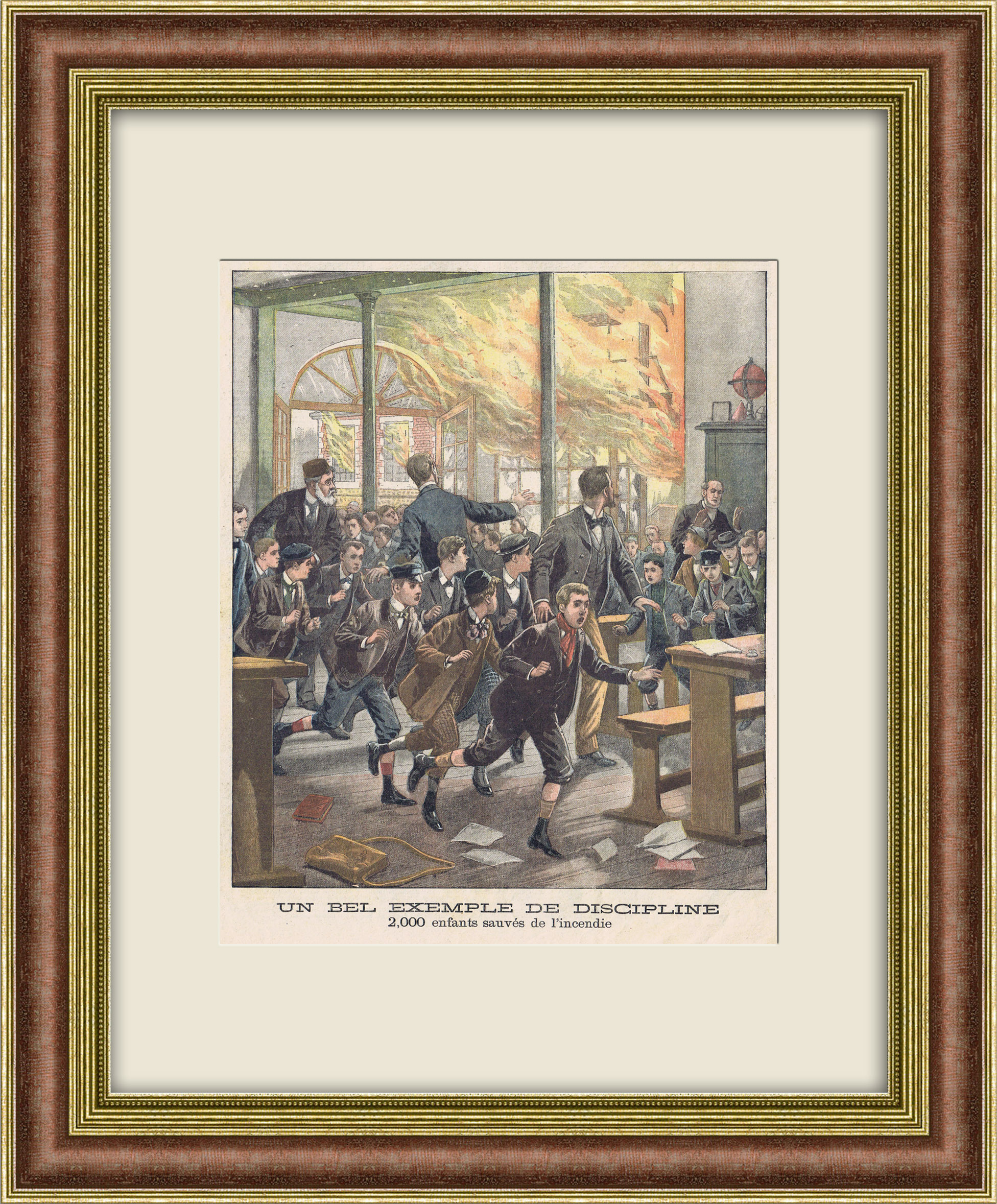 Спасение детей в гимназии от пожара. Старинная литография Спасение детей в гимназии от пожара. Старинная литография