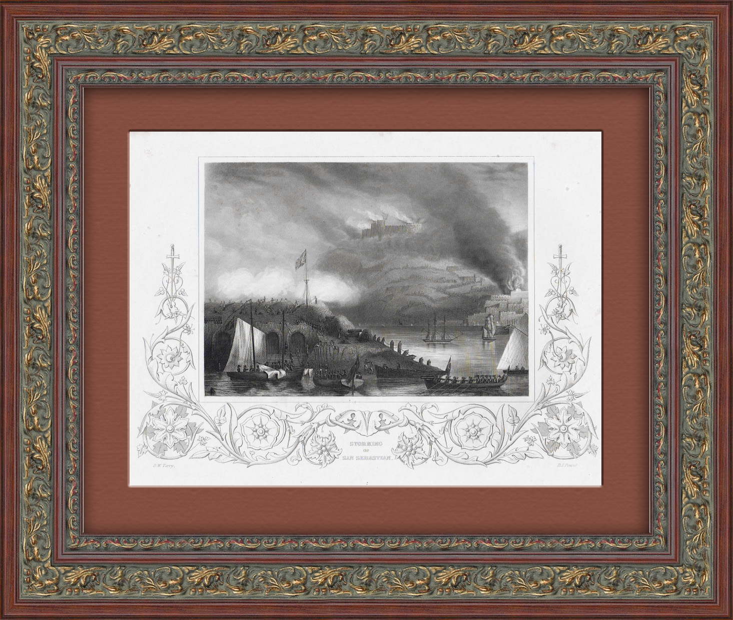 Наполеоновские войны: штурм испанской крепости Сан-Себастиан английскими войсками в 1813 г. Антикварная гравюра Наполеоновские войны: штурм испанской крепости Сан-Себастиан английскими войсками в 1813 г. Антикварная гравюра