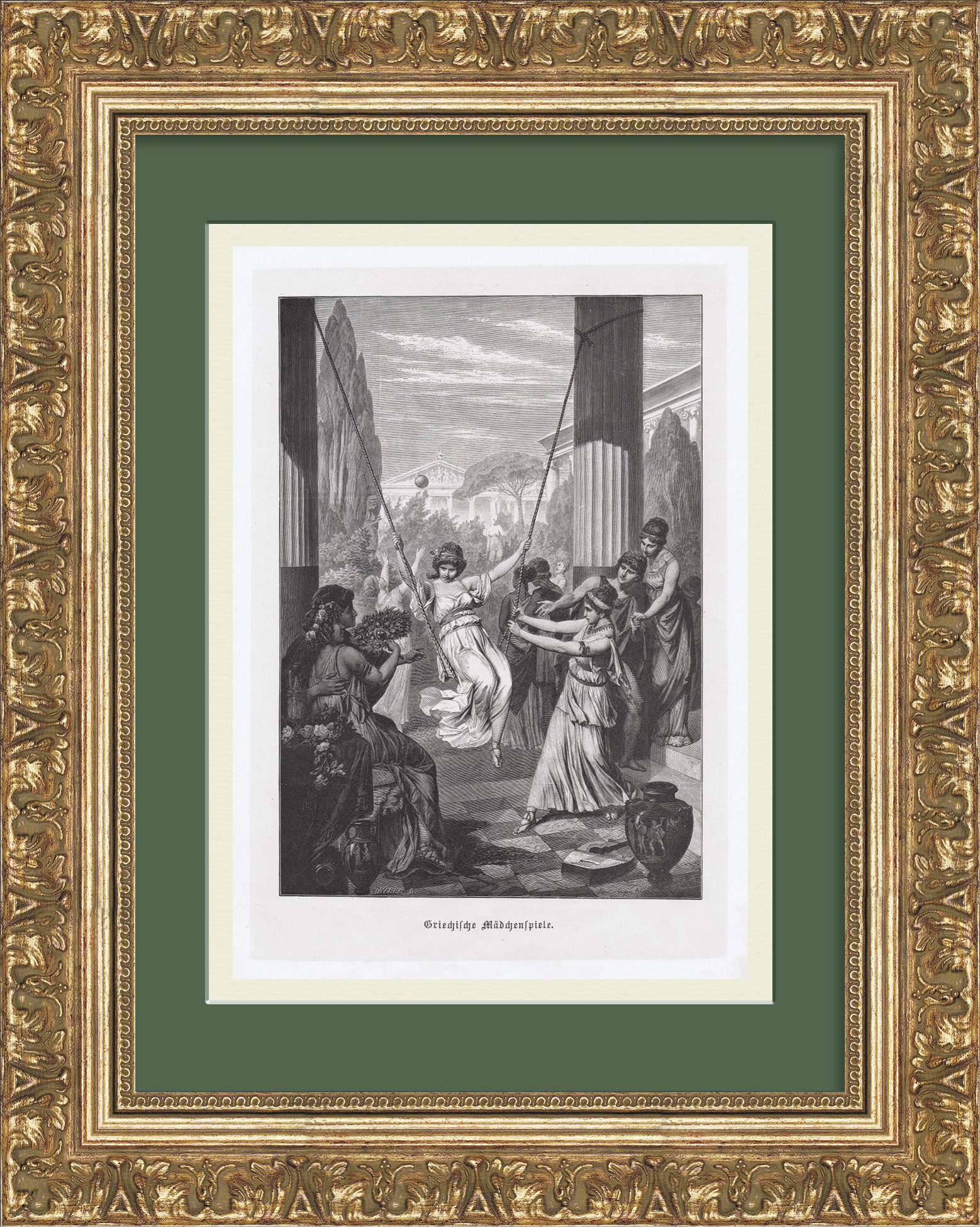 Прекрасная дева на качелях, Древняя Греция. Старинная гравюра Прекрасная дева на качелях, Древняя Греция. Старинная гравюра