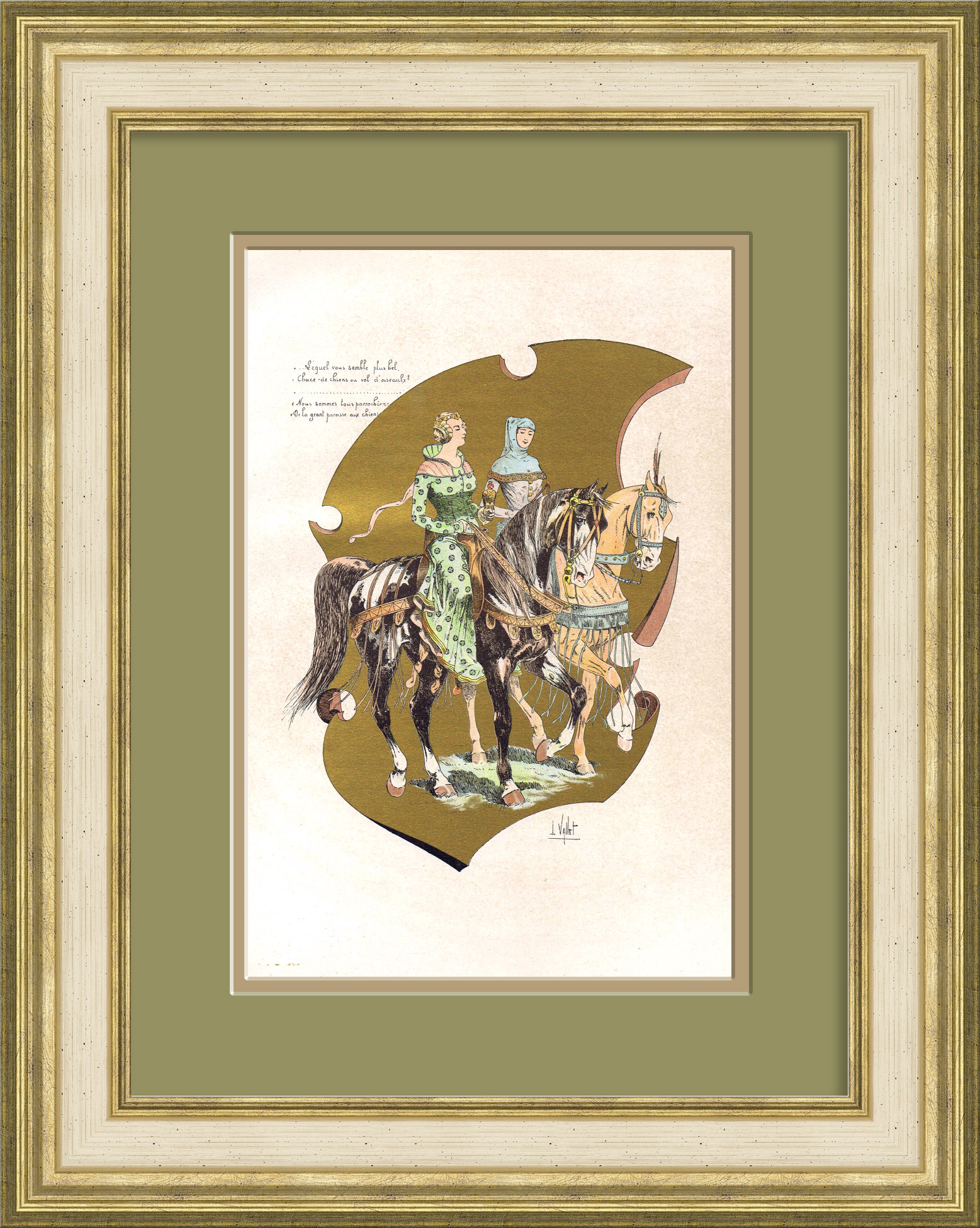 Средневековые знатные дамы на конной прогулке. Антикварная хромолитография Средневековые знатные дамы на конной прогулке. Антикварная хромолитография