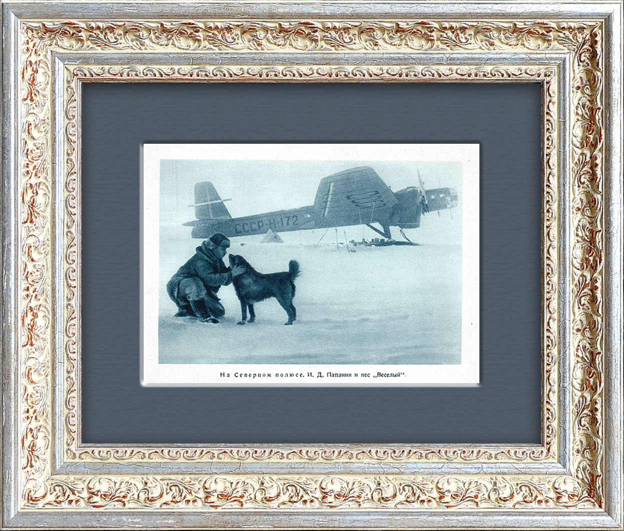 На Северном полюсе: И. Д. Папанин и пес "Веселый". Тиражная иллюстрация На Северном полюсе: И. Д. Папанин и пес "Веселый". Тиражная иллюстрация