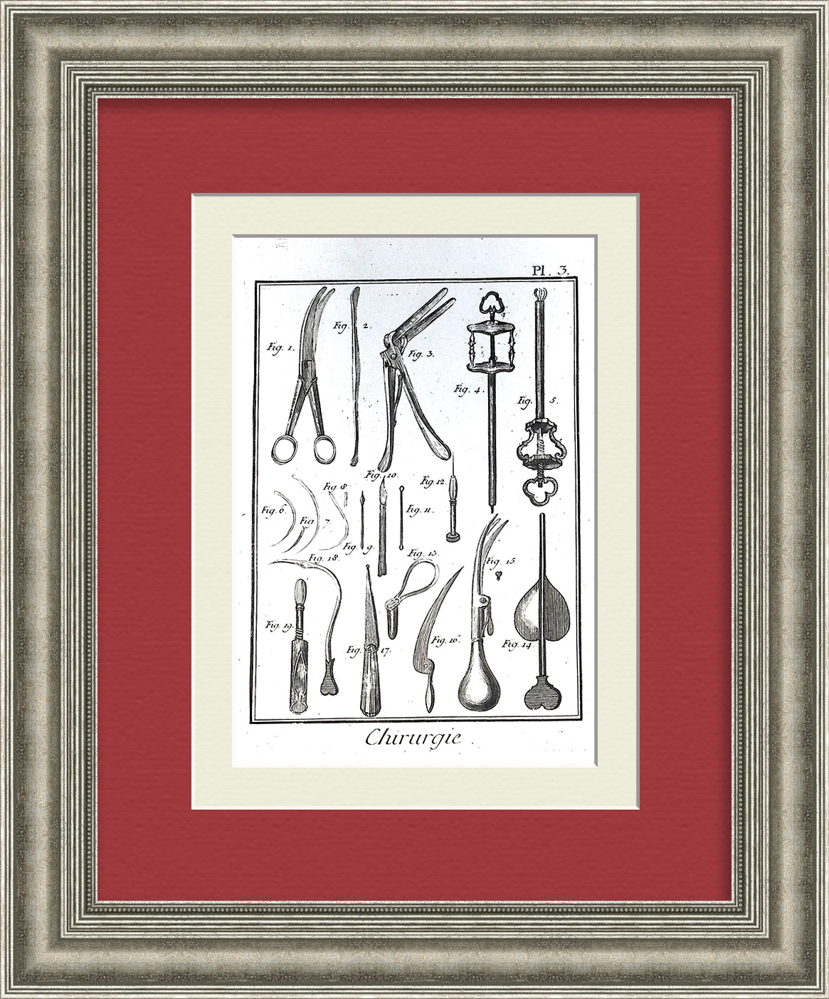 Медицинские инструменты. Хирургия, старинная гравюра 18 века