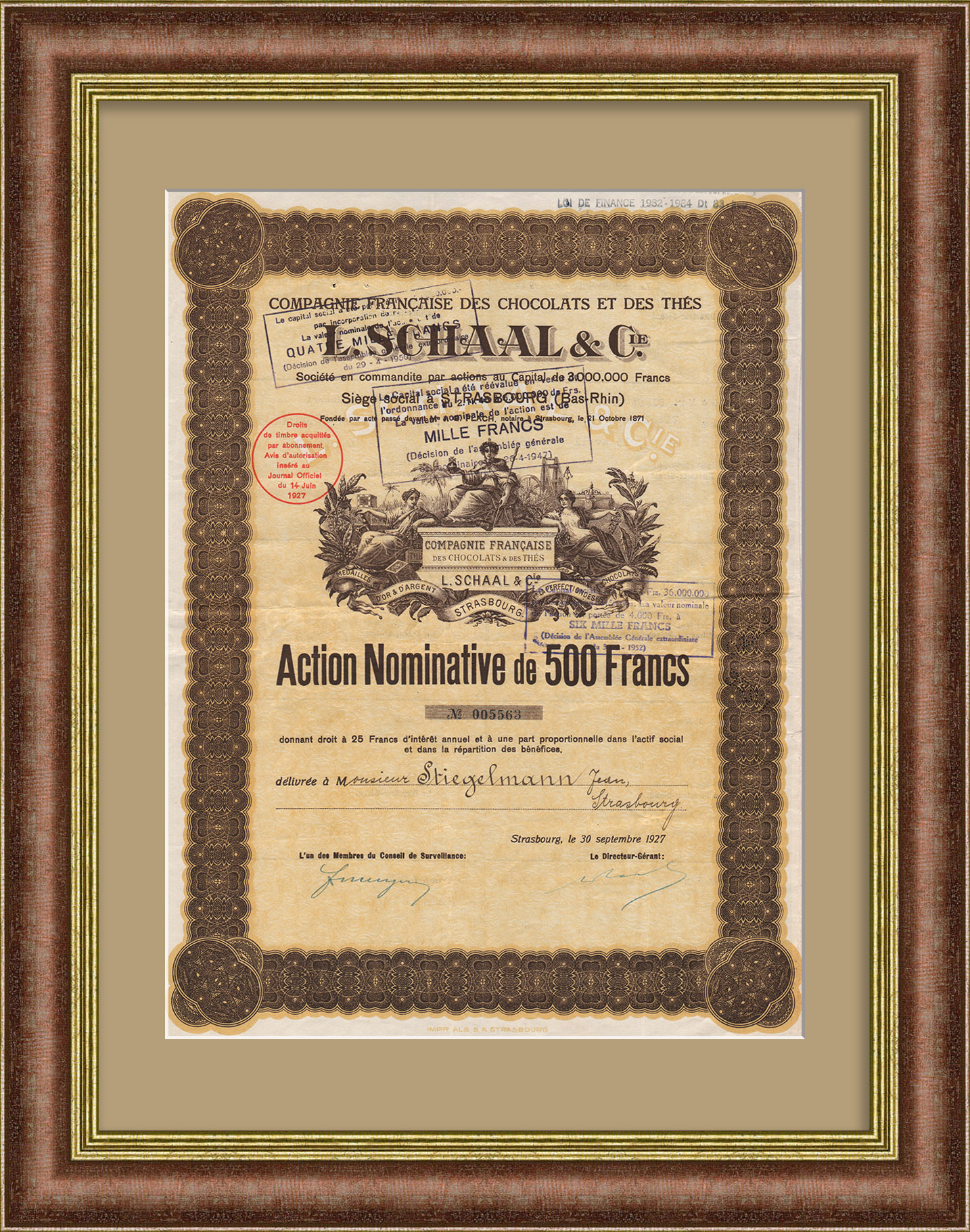 Французская компания по производству шоколада и чая. Старинная акция в 500 франков 1927 года Французская компания по производству шоколада и чая. Старинная акция в 500 франков 1927 года