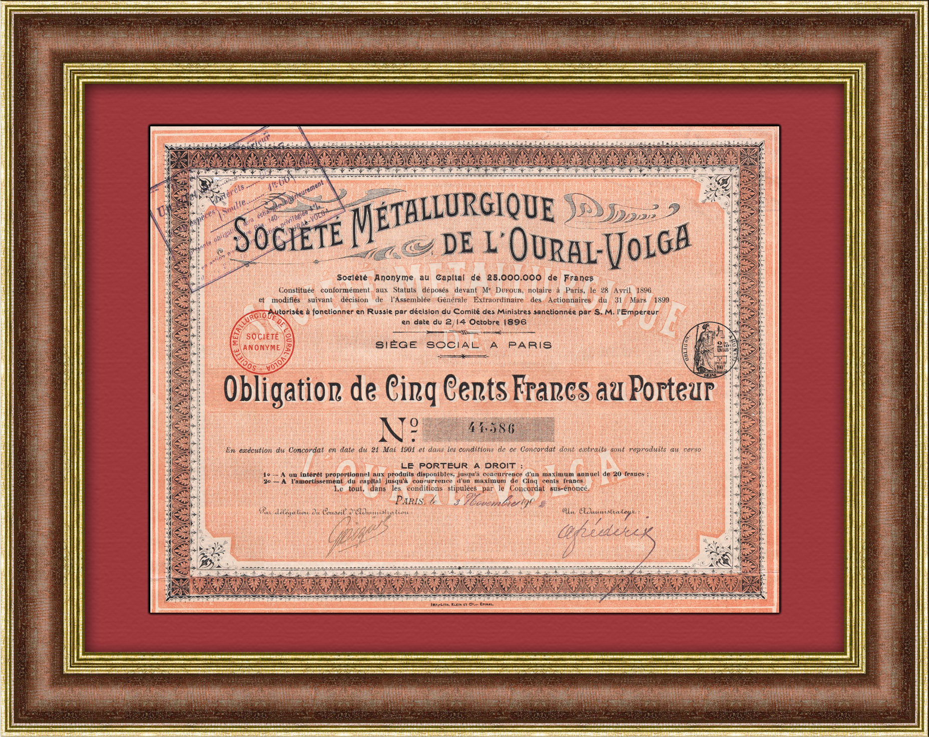 Металлургическое общество Урал-Волга, Облигация на 500 франков, 1902 год Металлургическое общество Урал-Волга, Облигация на 500 франков, 1902 год