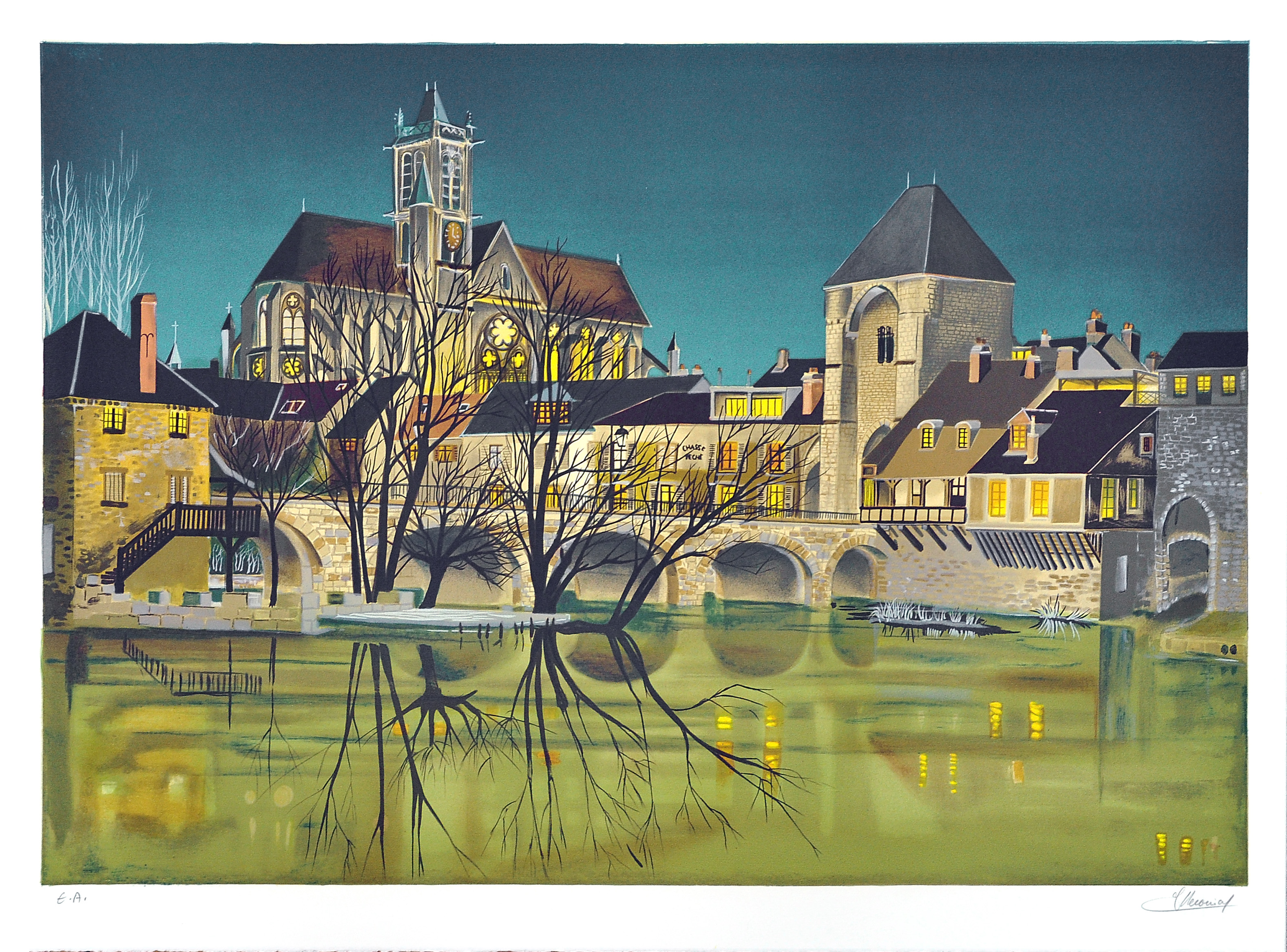 Вид на готический собор с набережной реки. Авторская литография Ж.-Л. Лекондре Вид на готический собор с набережной реки. Авторская литография Ж.-Л. Лекондре