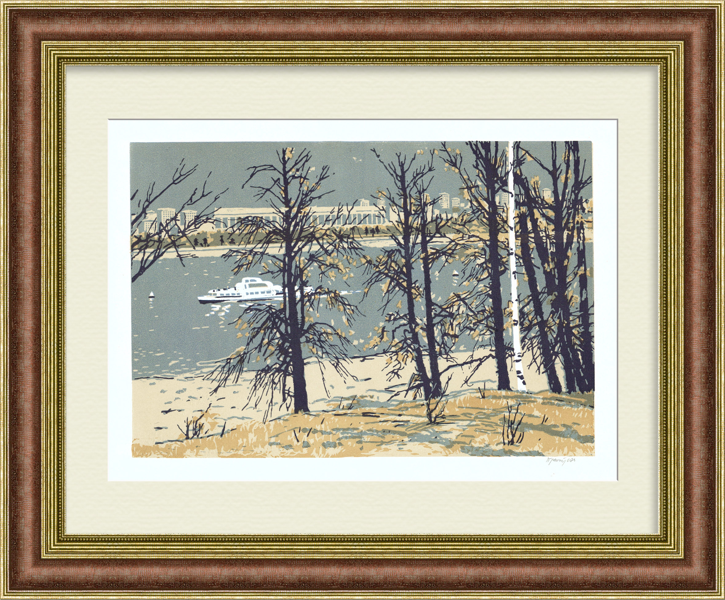 Вид на Лужники, Воробьевы горы, Москва. Авторская линогравюра Вид на Лужники, Воробьевы горы, Москва. Авторская линогравюра