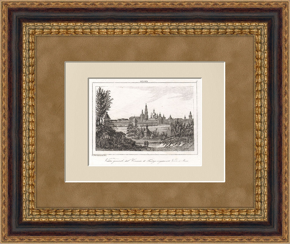 Общий вид на Троице-Сергиев монастырь в 63 верстах от Москвы. Старинная гравюра Общий вид на Троице-Сергиев монастырь в 63 верстах от Москвы. Старинная гравюра