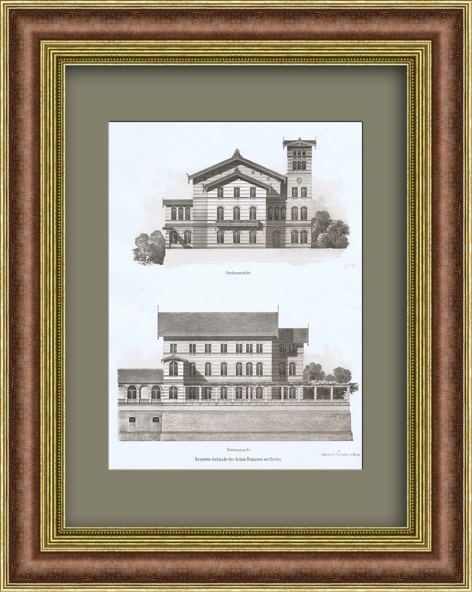 Пивоварня в Берлине, антикварная литография 1860 года Пивоварня в Берлине, антикварная литография 1860 года