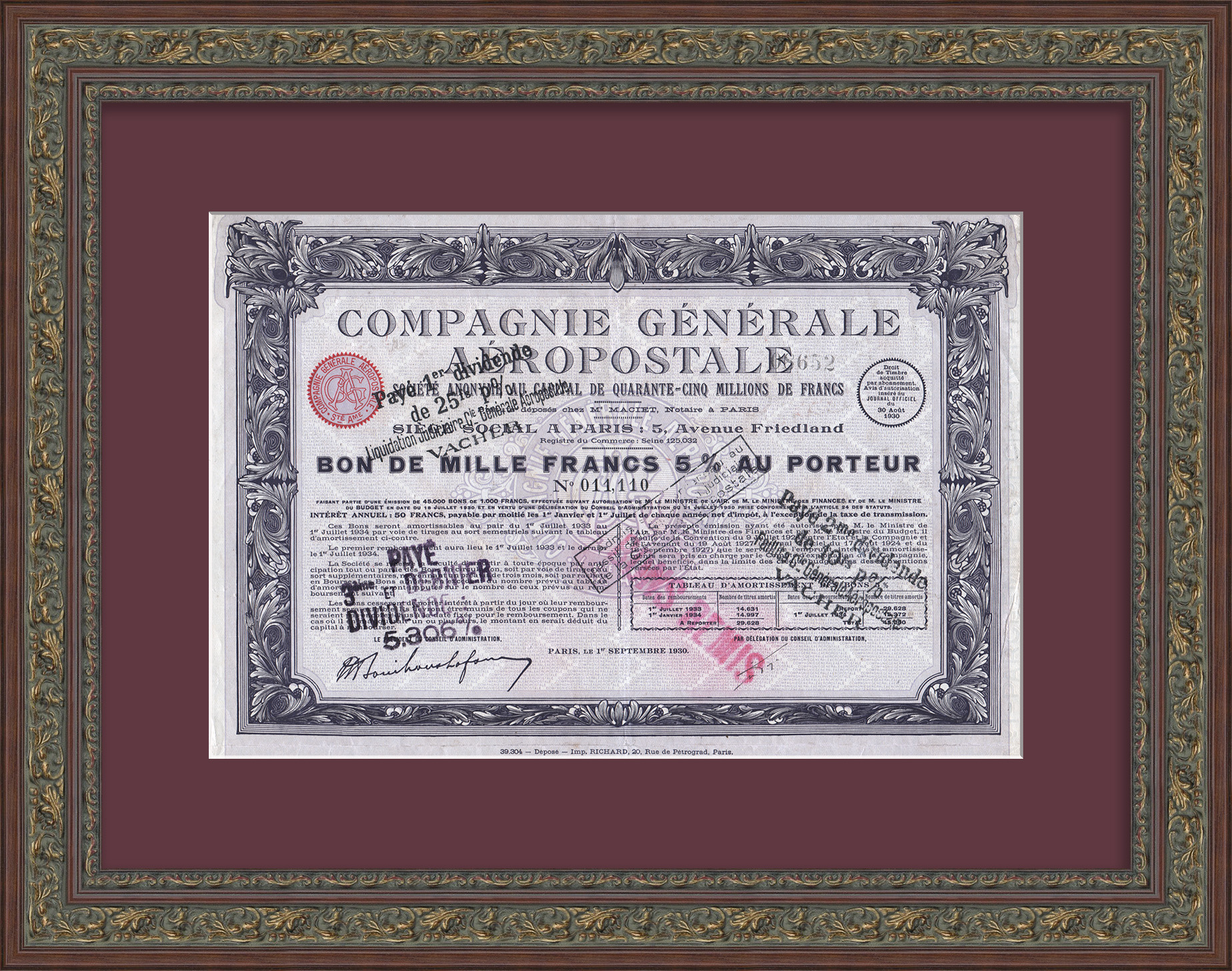 Французская авиакомпания «Аэропосталь». Старинный бон на 1000 франков под 5 % на предъявителя 1930 года Французская авиакомпания «Аэропосталь». Старинный бон на 1000 франков под 5 % на предъявителя 1930 года