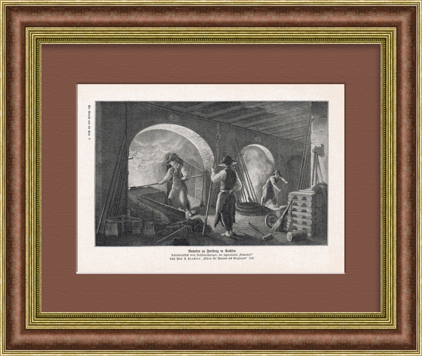 Антикварная литография "Плавление руды", 19 век Антикварная литография "Плавление руды", 19 век