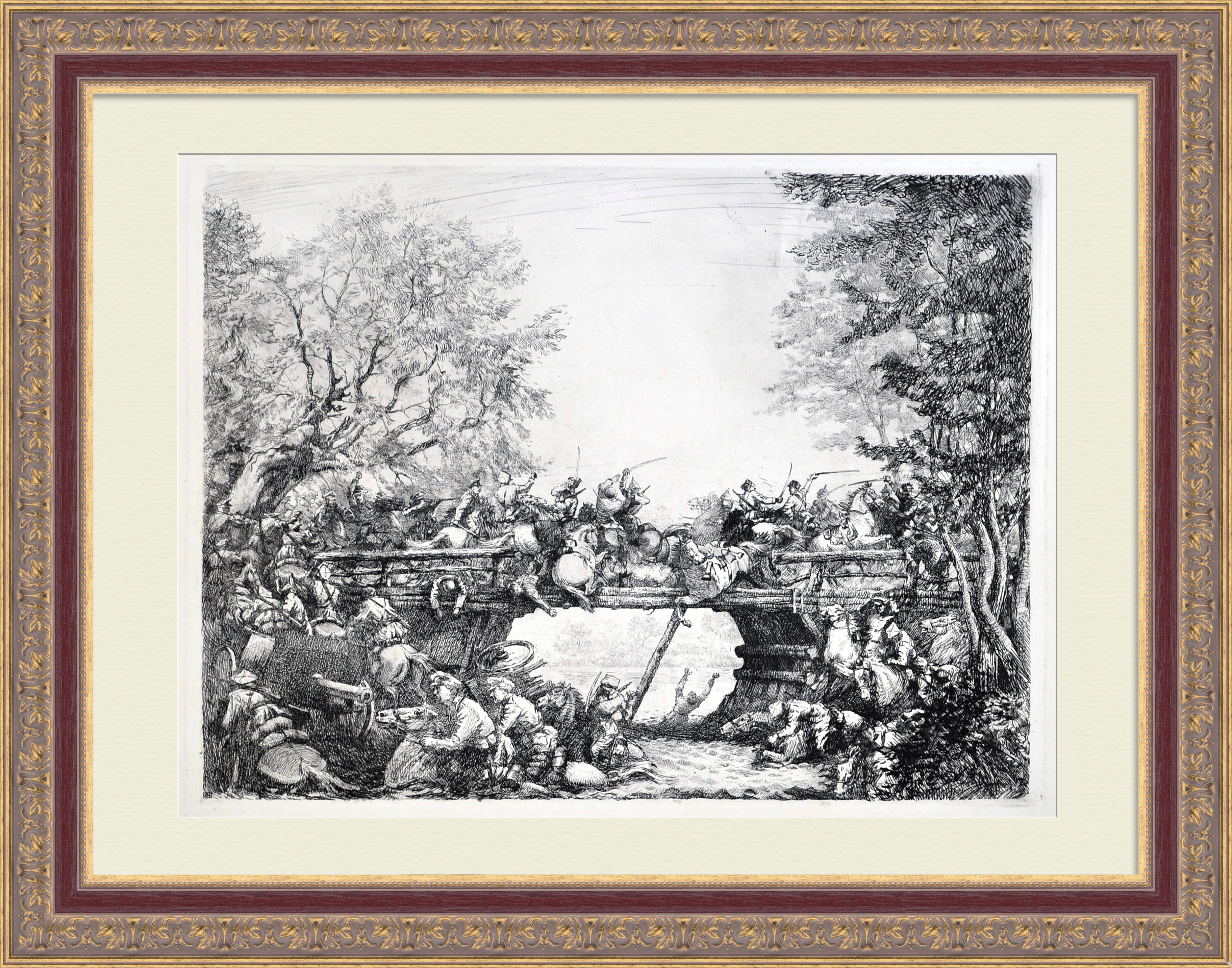 Первая конная армия. Бой на мосту, Гражданская война. Авторская гравюра Первая конная армия. Бой на мосту, Гражданская война. Авторская гравюра