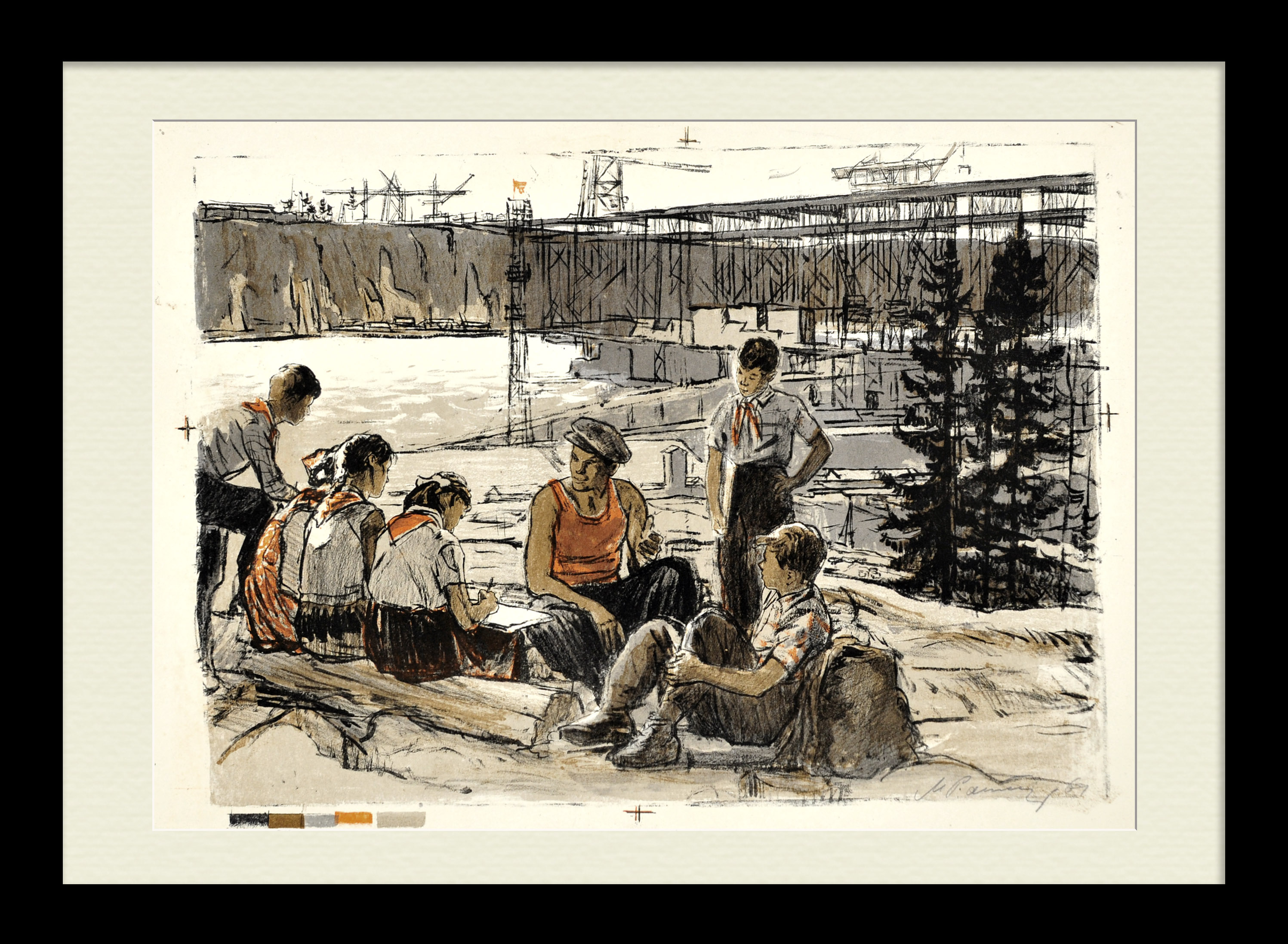 Пионеры на строительстве Братской ГЭС. Редкая, авторская гравюра Пионеры на строительстве Братской ГЭС. Редкая, авторская гравюра