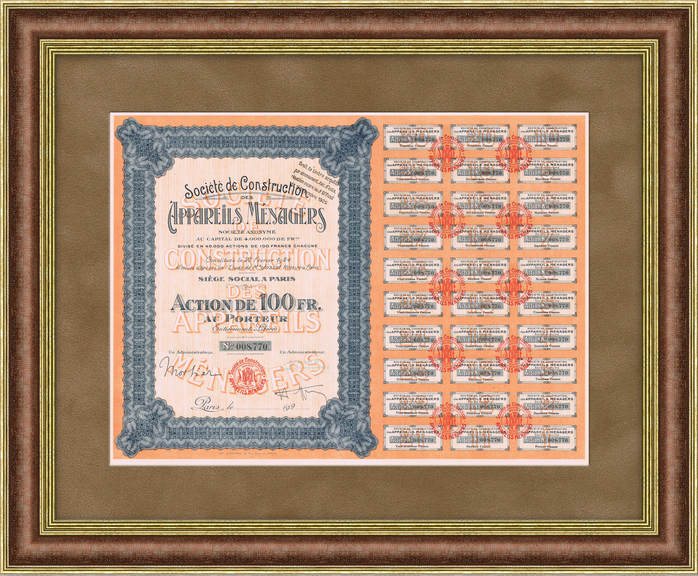 Производство бытовой техники, акция в 100 франков Societe de Construction des Appareils Menagers 1924 года Производство бытовой техники, акция в 100 франков Societe de Construction des Appareils Menagers 1924 года