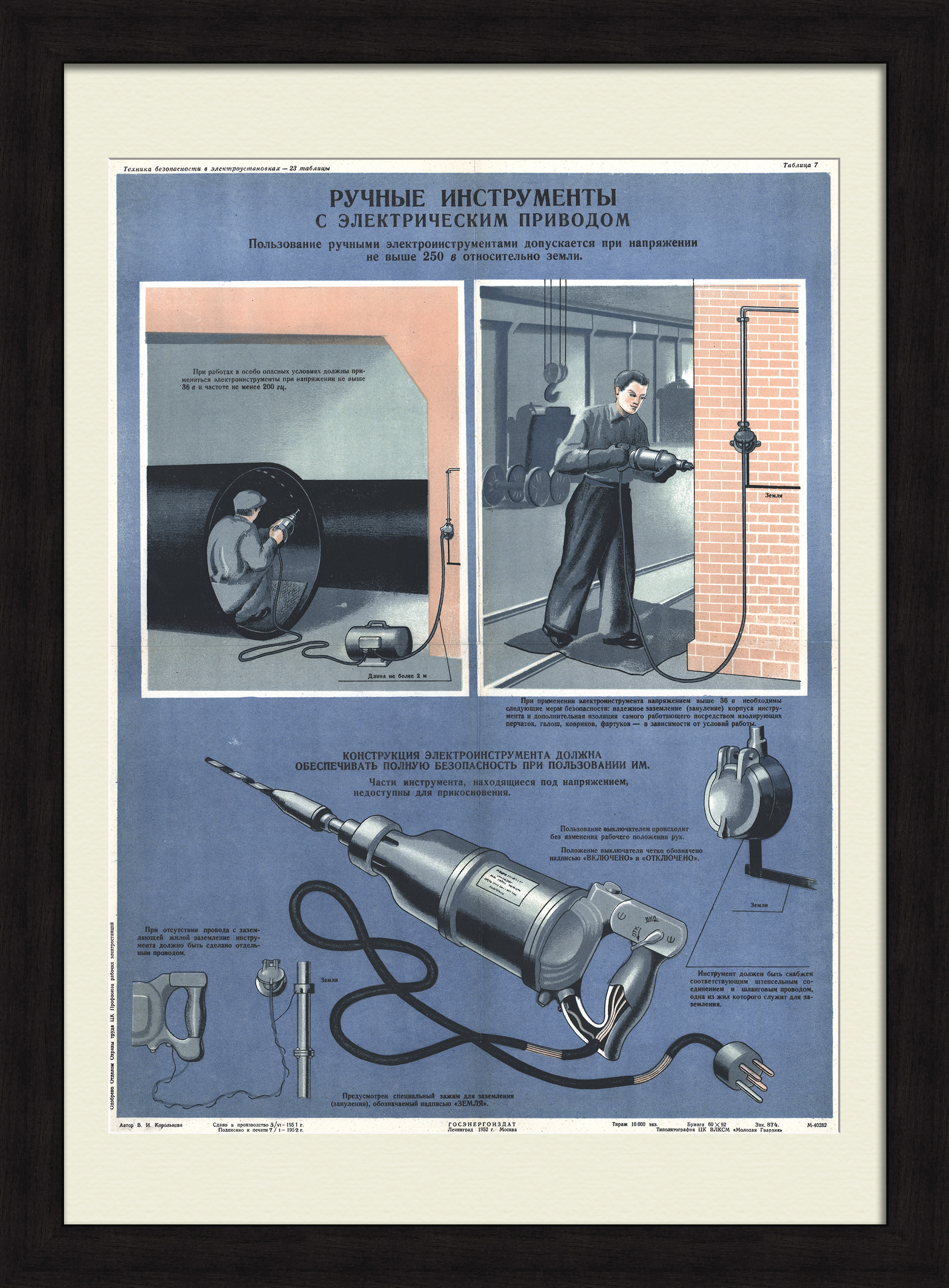 Электрификация СССР: ручные инструменты с электрическим приводом. Коллекционный плакат-хромолитография сталинской эпохи Электрификация СССР: ручные инструменты с электрическим приводом. Коллекционный плакат-хромолитография сталинской эпохи