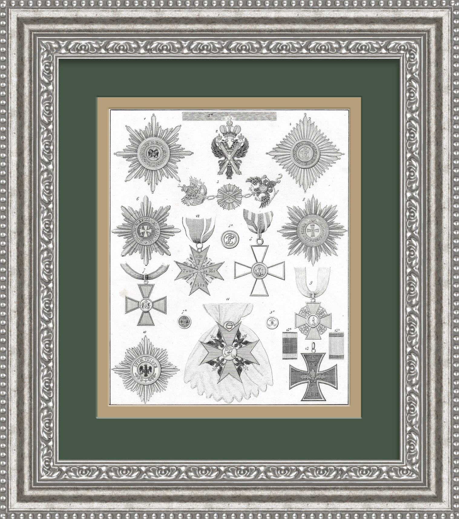 Ордена Российской империи и Пруссии, старинная гравюра Ордена Российской империи и Пруссии, старинная гравюра