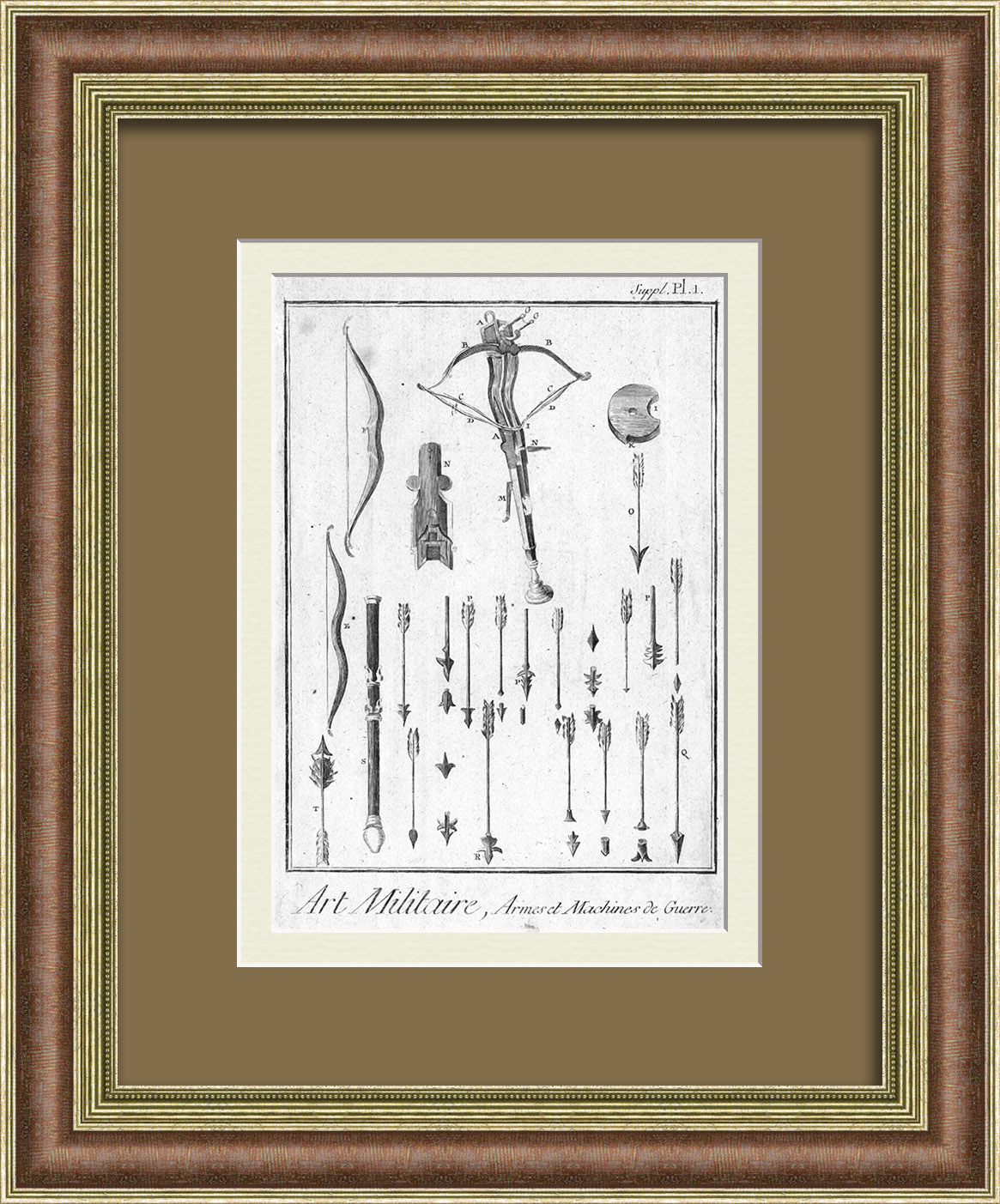 Устройство арбалета и виды стрел. Старинная гравюра 18 века Устройство арбалета и виды стрел. Старинная гравюра 18 века