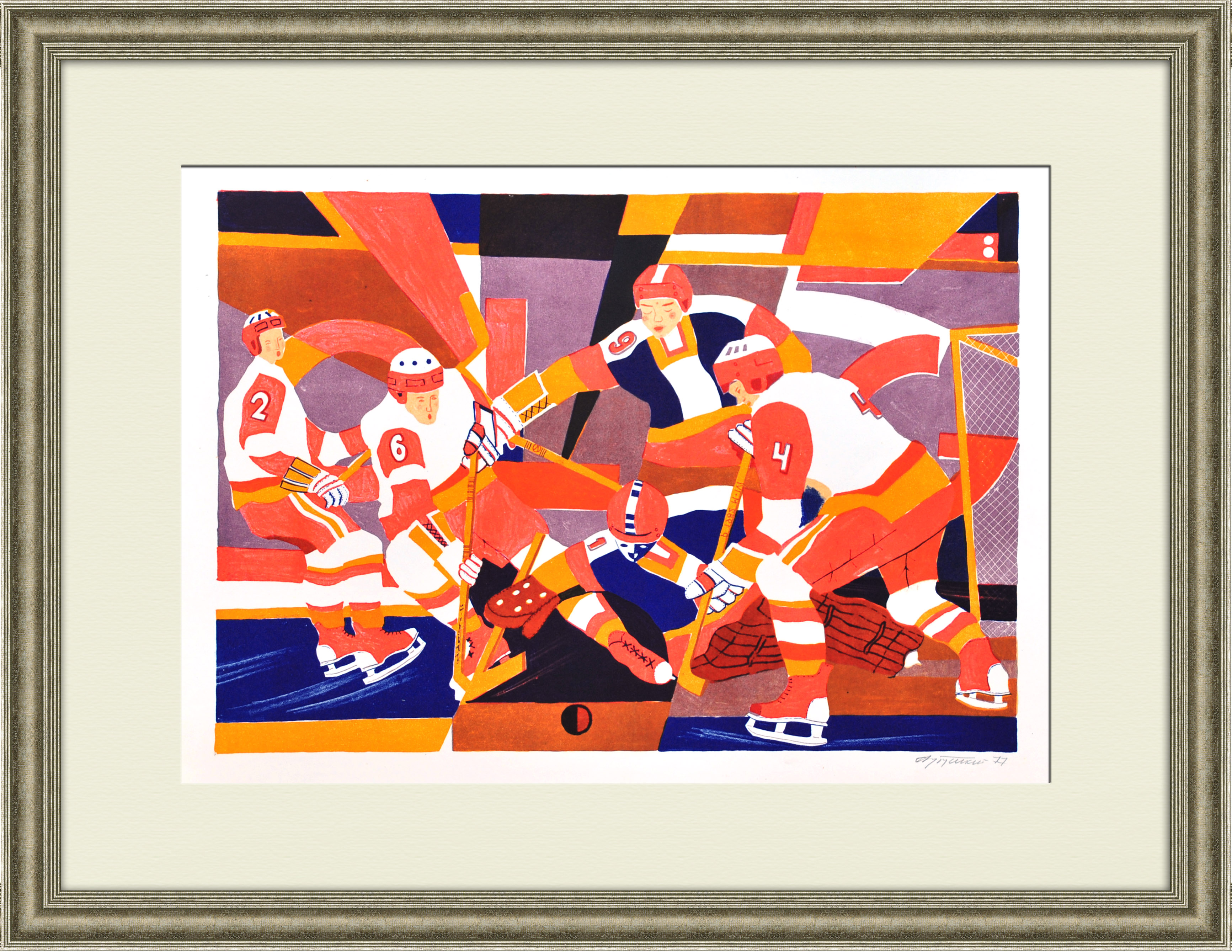 Хоккей, борьба за шайбу. Авторская литография 1977 года Хоккей, борьба за шайбу. Авторская литография 1977 года