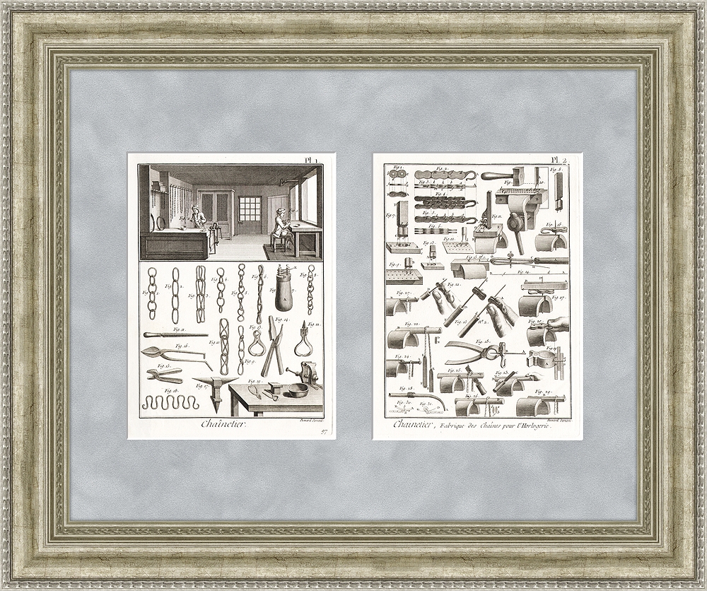 Изготовление цепей. Старинные гравюры в рамах, 18 век Изготовление цепей. Старинные гравюры в рамах, 18 век