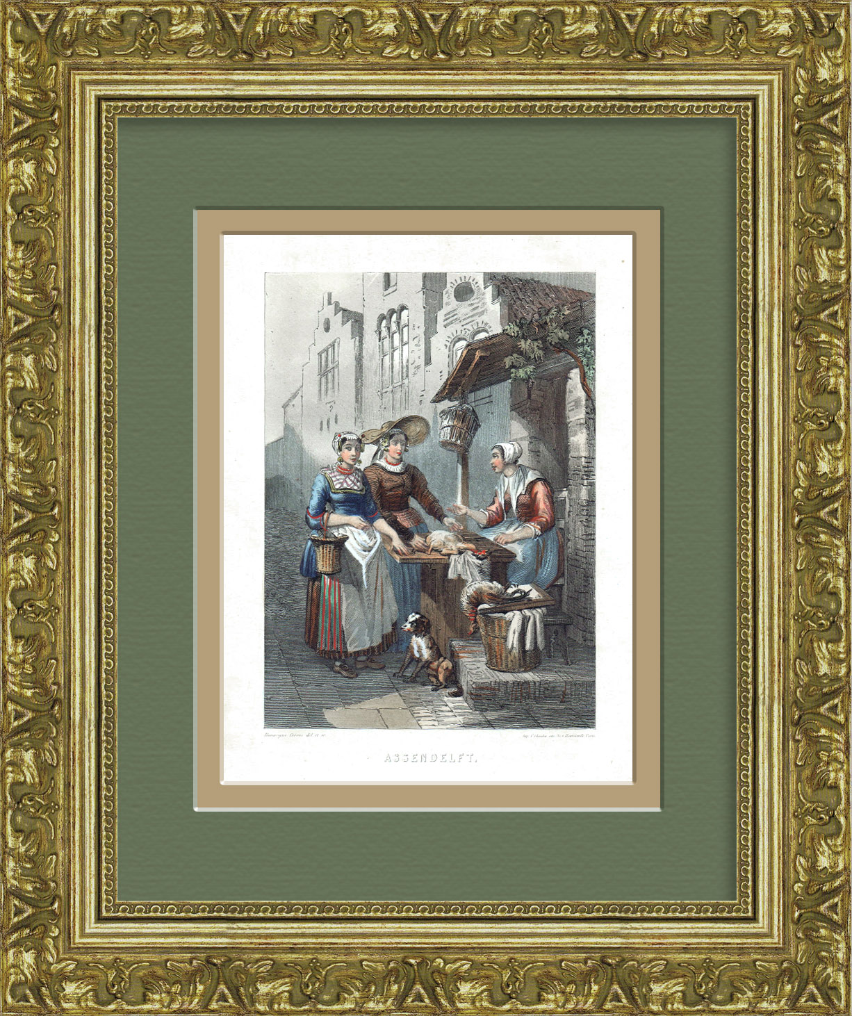 Собака - лучший помощник в торговле. Старинная гравюра с ручной раскраской Собака - лучший помощник в торговле. Старинная гравюра с ручной раскраской