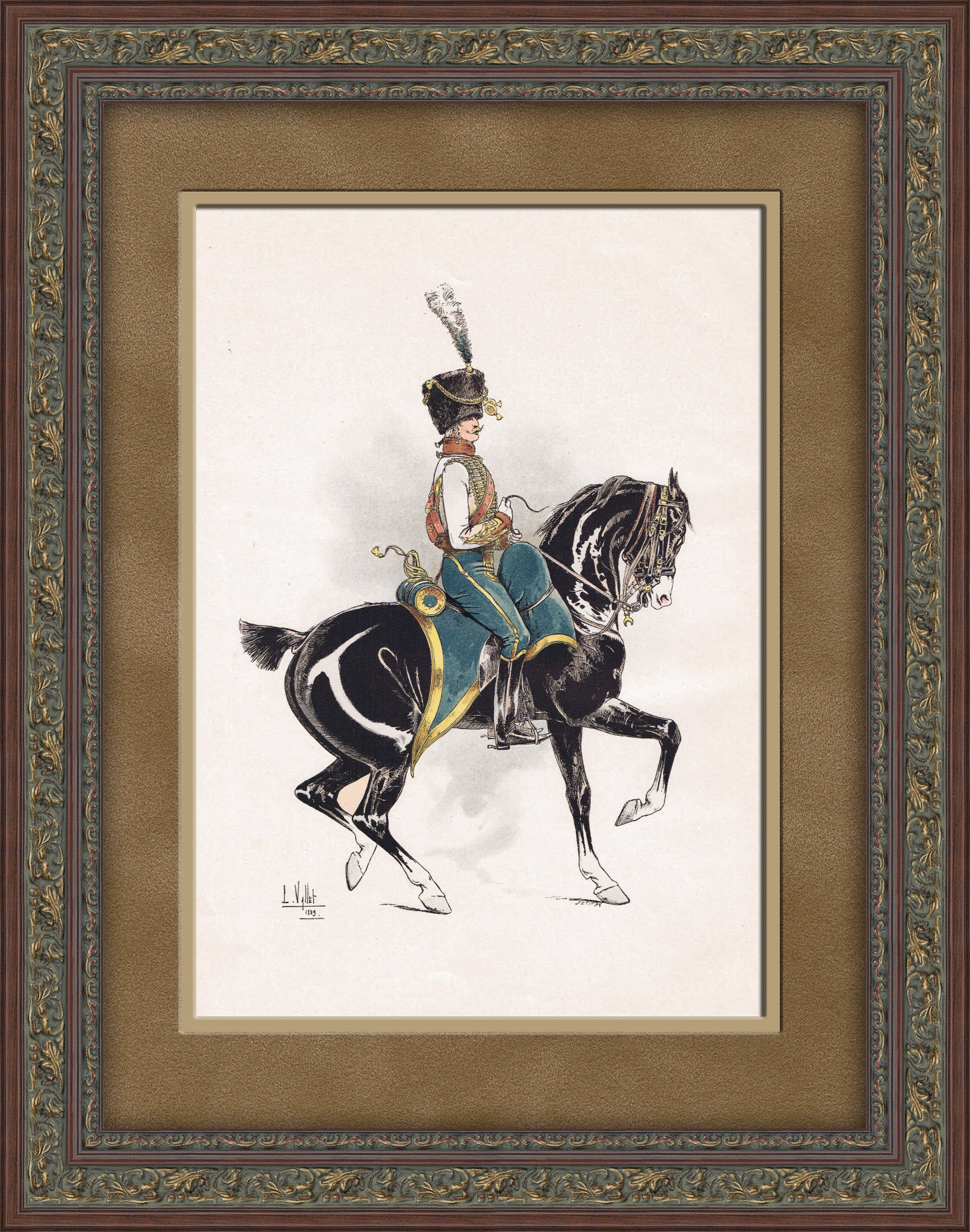 Лейб-гвардеец на коне. Старинная литография в раме Лейб-гвардеец на коне. Старинная литография в раме