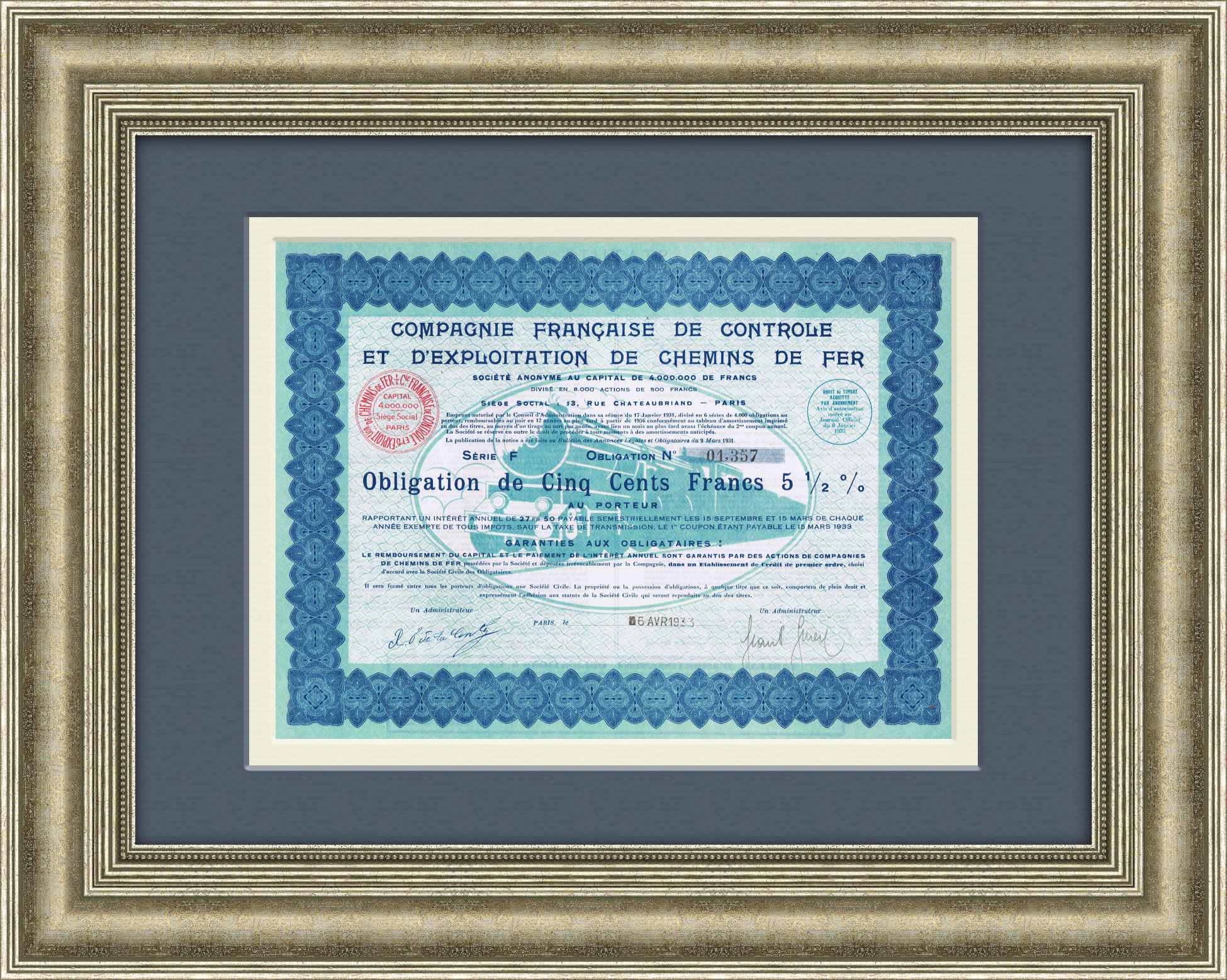 Эксплуатация железных дорог, французская акция в 500 франков Эксплуатация железных дорог, французская акция в 500 франков