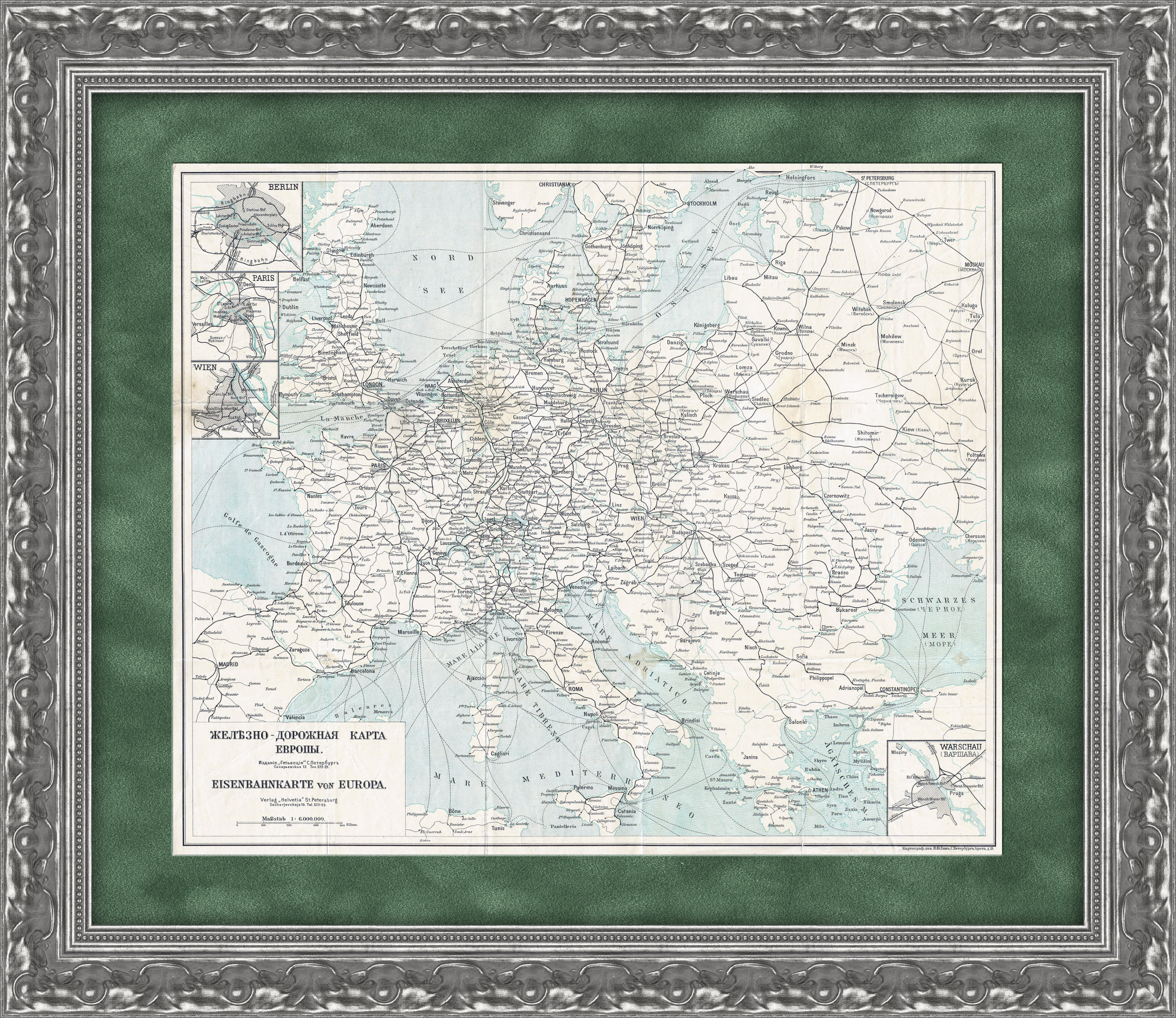 Железные дороги Европы. Большая антикварная карта Железные дороги Европы. Большая антикварная карта