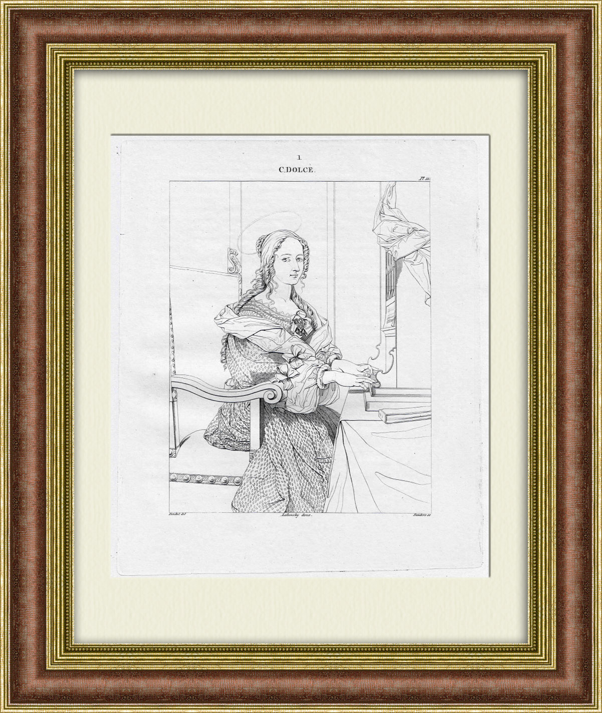 Карло Дольчи, Святая Цецилия за клавесином. Антикварная гравюра в раме, редкость Карло Дольчи, Святая Цецилия за клавесином. Антикварная гравюра в раме, редкость