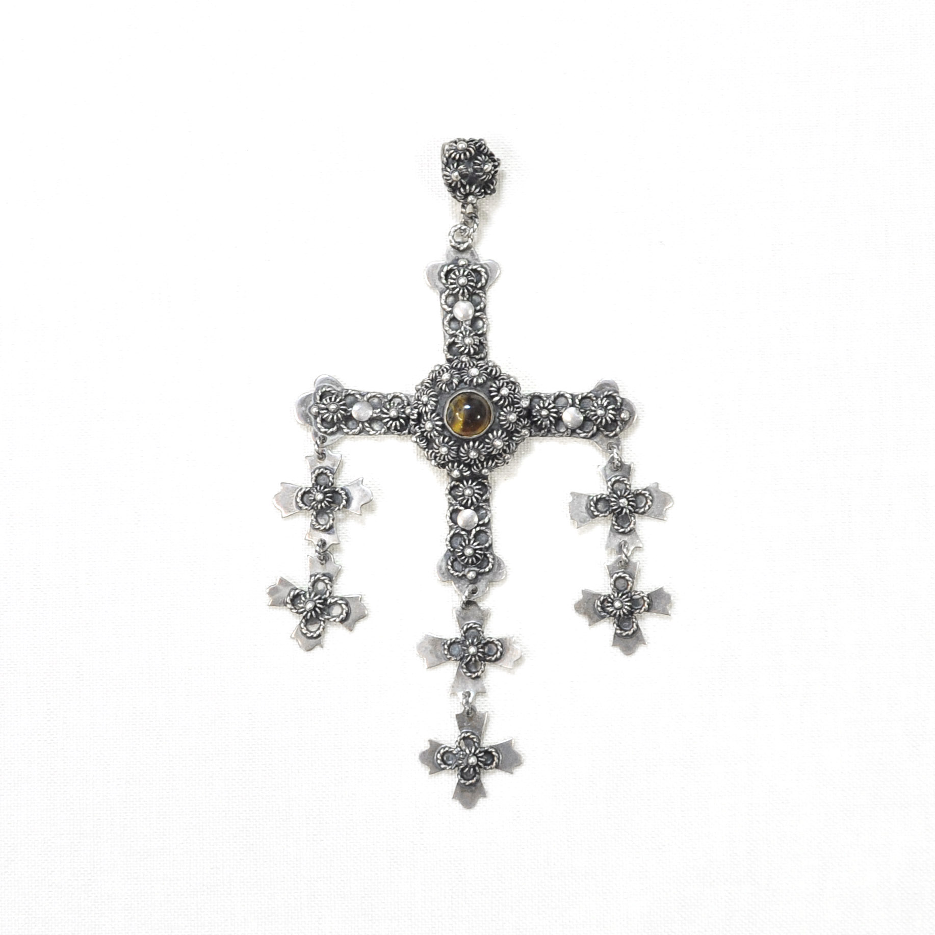 Роскошный мексиканский крест с тигровым глазом. Антикварная подвеска