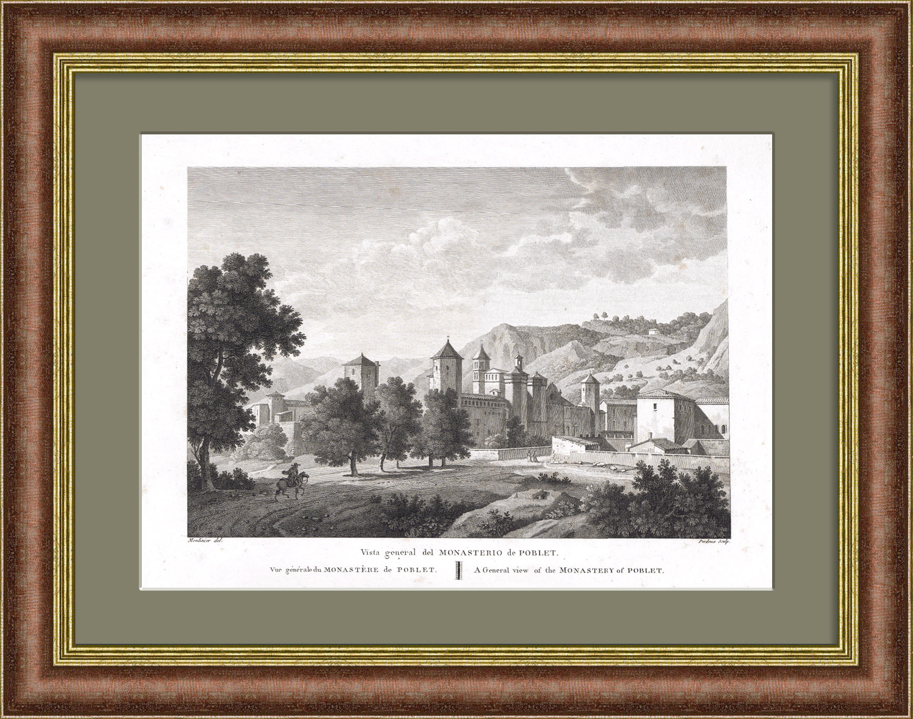 Вид на монастырь Поблет в Испании, Каталония. Большая редкая гравюра Вид на монастырь Поблет в Испании, Каталония. Большая редкая гравюра