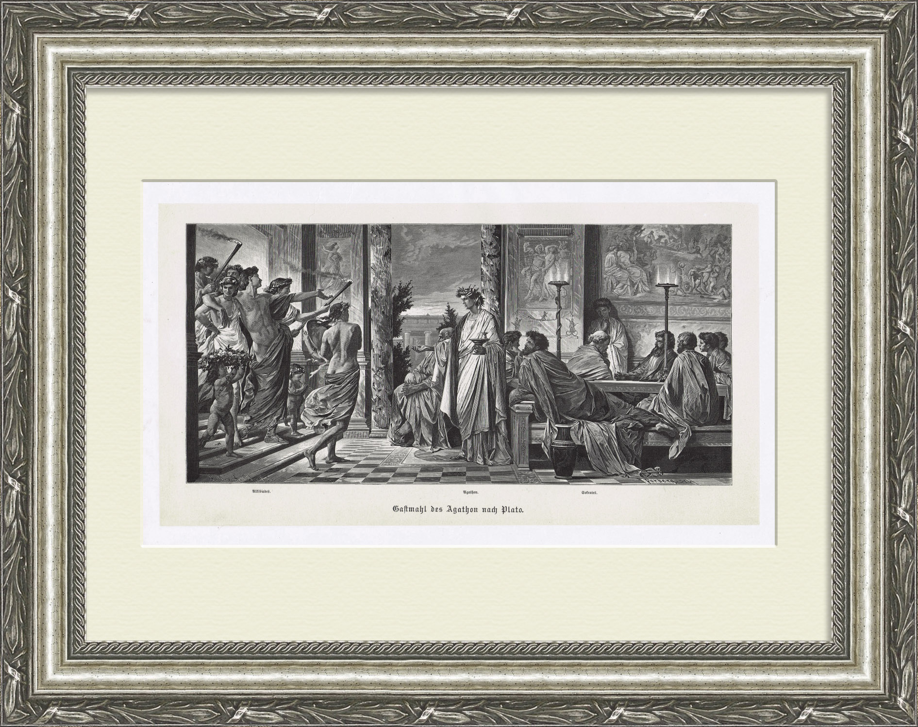 Древняя Греция: Сократ на пиру Агафона. Старинная гравюра Древняя Греция: Сократ на пиру Агафона. Старинная гравюра