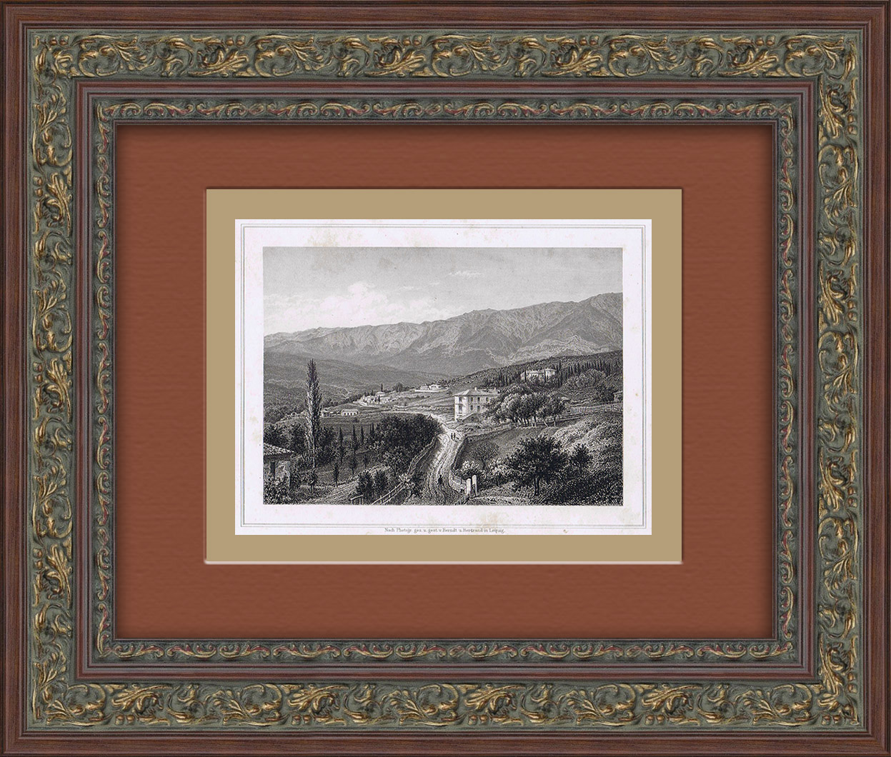 Чехово (Аутка), Ялта. Антикварная гравюра в раме Чехово (Аутка), Ялта. Антикварная гравюра в раме