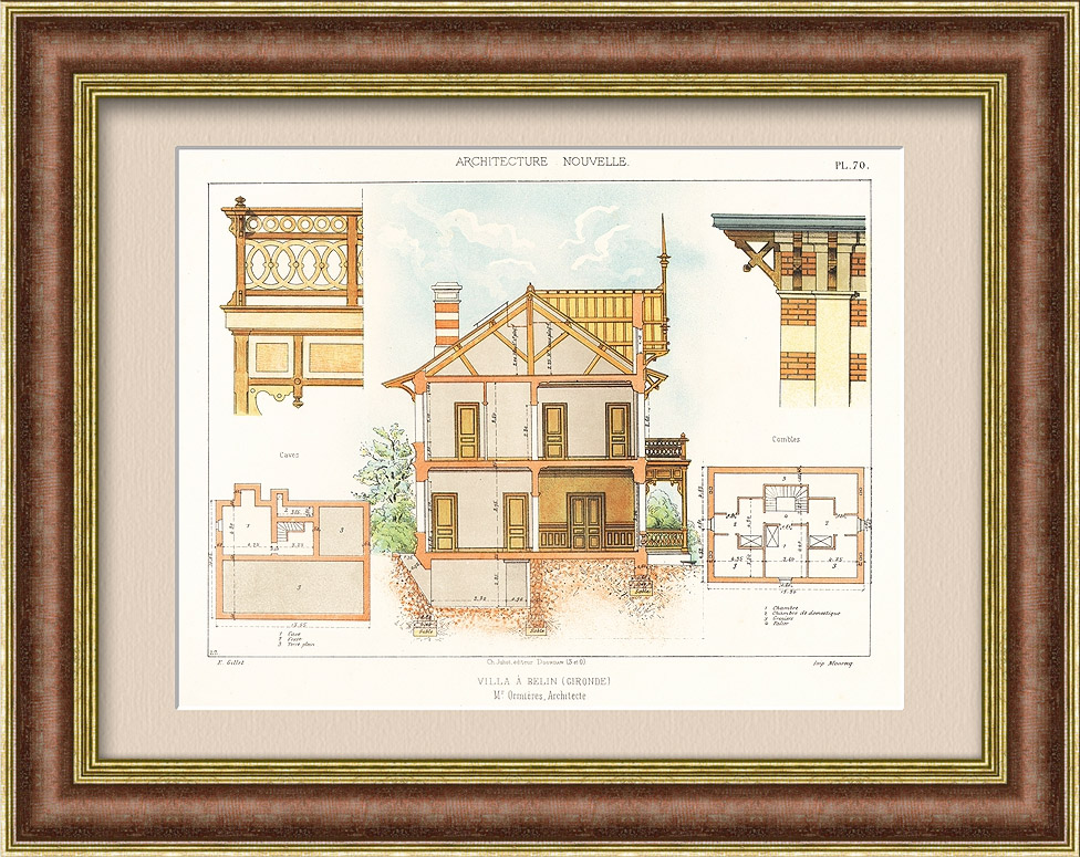 Старинная хромолитография с проектом частного жилого дома, архитектурные элементы и план мансарды, 1890-е гг. Старинная хромолитография с проектом частного жилого дома, архитектурные элементы и план мансарды, 1890-е гг.