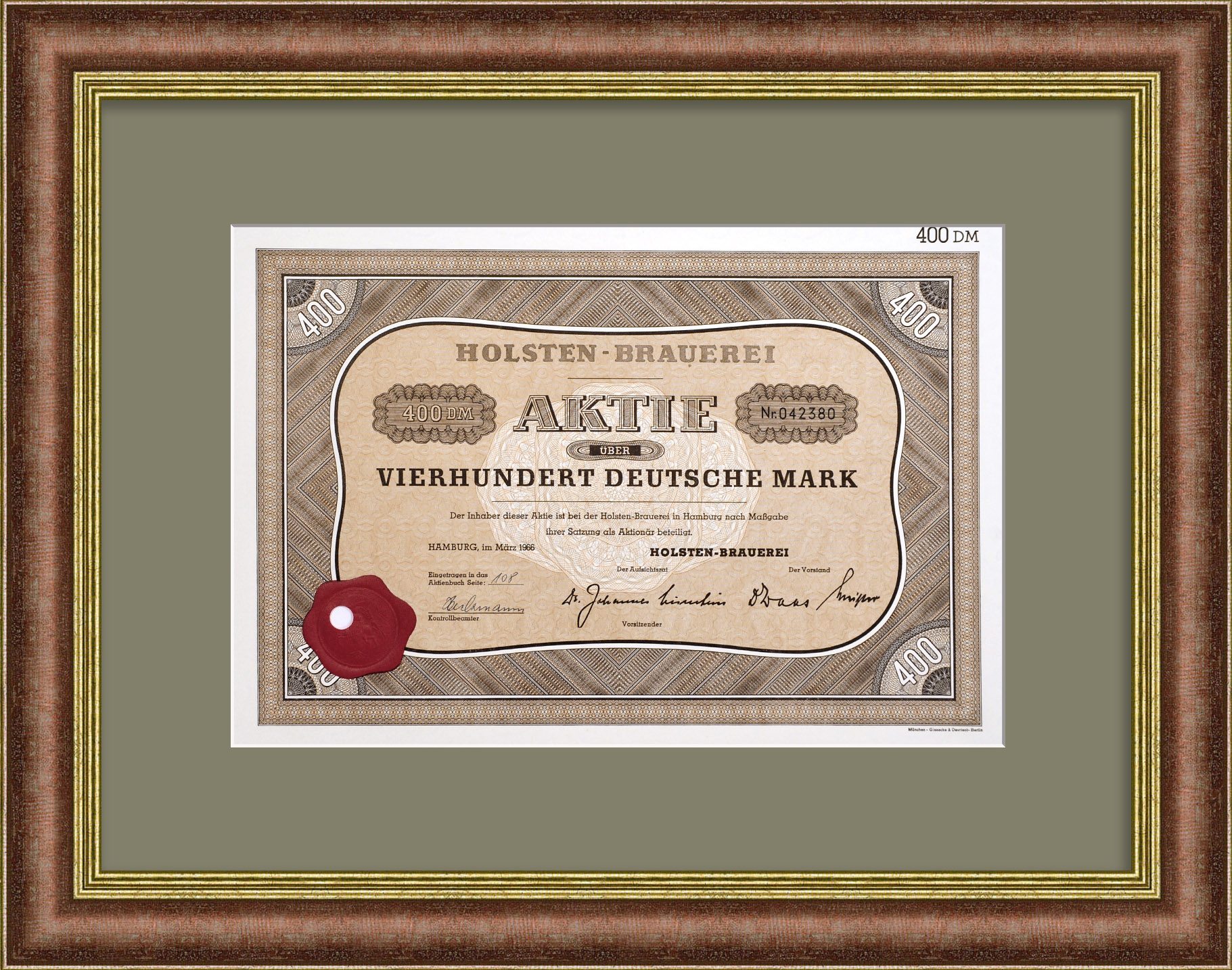 Пивоварня Хольстен. Акция на 400 марок 1966 года Пивоварня Хольстен. Акция на 400 марок 1966 года