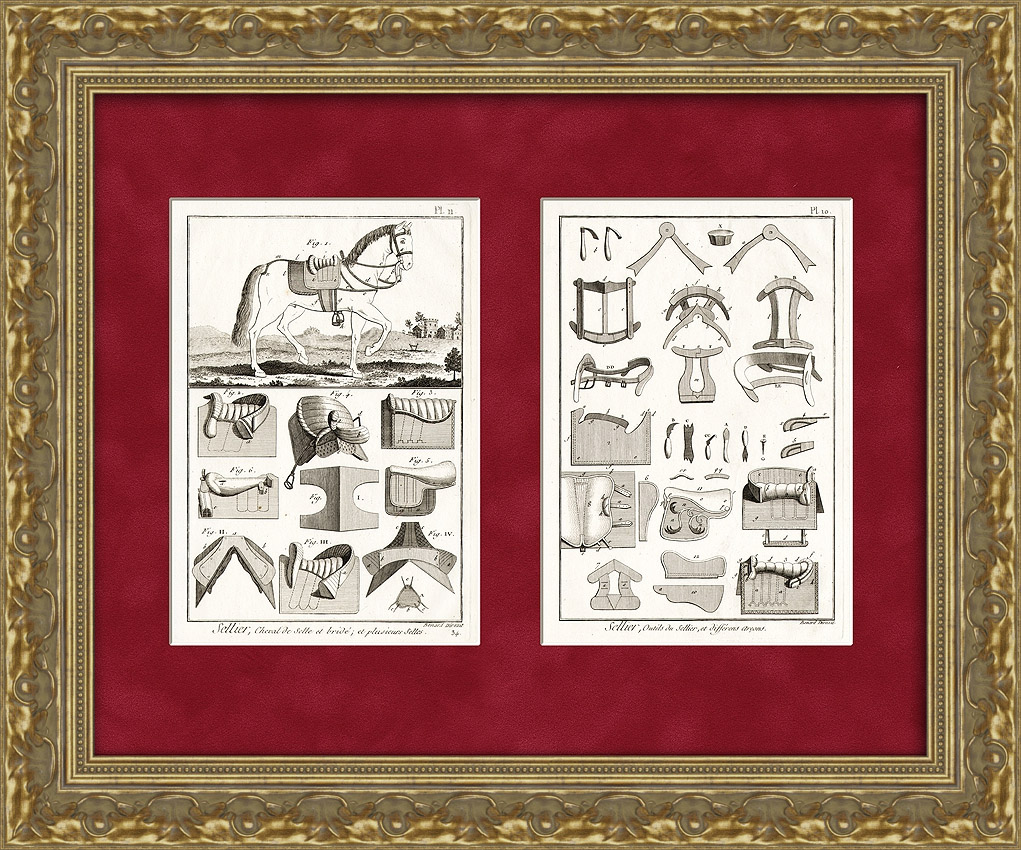 Изделия шорников. Мужские и дамские седла. Гравюры на меди, 1770-е гг. Изделия шорников. Мужские и дамские седла. Гравюры на меди, 1770-е гг.