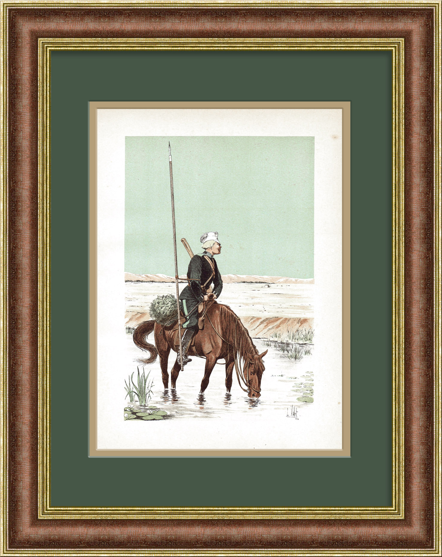 Казак в дозоре, верхом на коне. Старинная литография 19 века Казак в дозоре, верхом на коне. Старинная литография 19 века