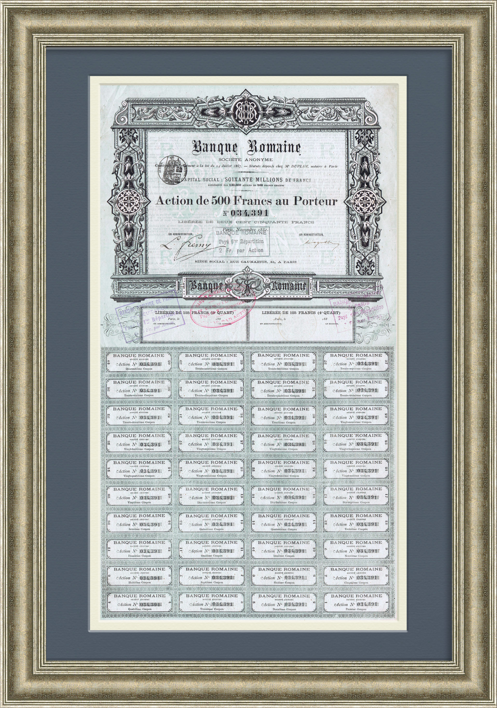 Акция банка 1881 года. Banque Romaine, привилегированная акция в 500 франков Акция банка 1881 года. Banque Romaine, привилегированная акция в 500 франков