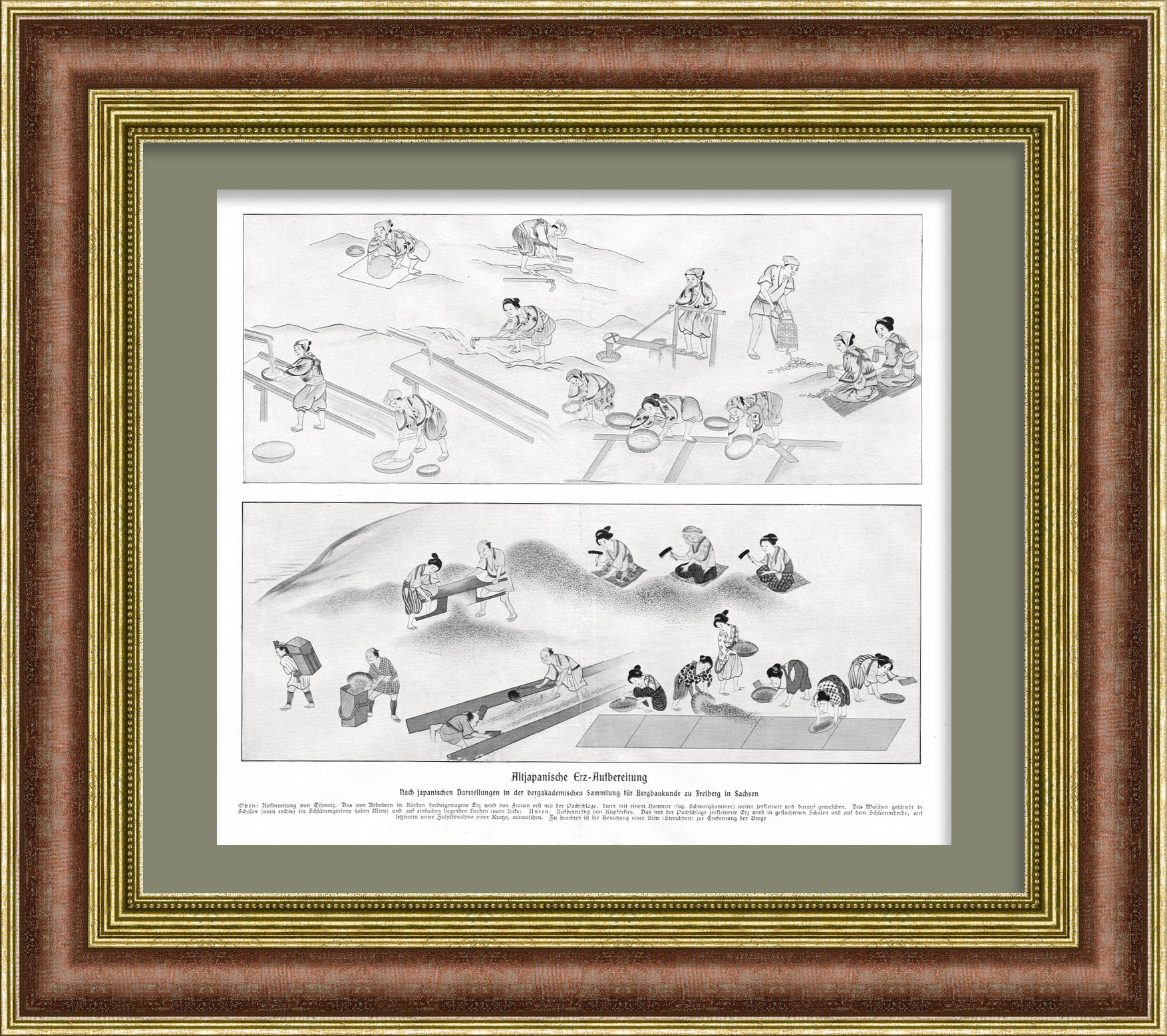 Переработка руды в древней Японии. Старинная литография Переработка руды в древней Японии. Старинная литография