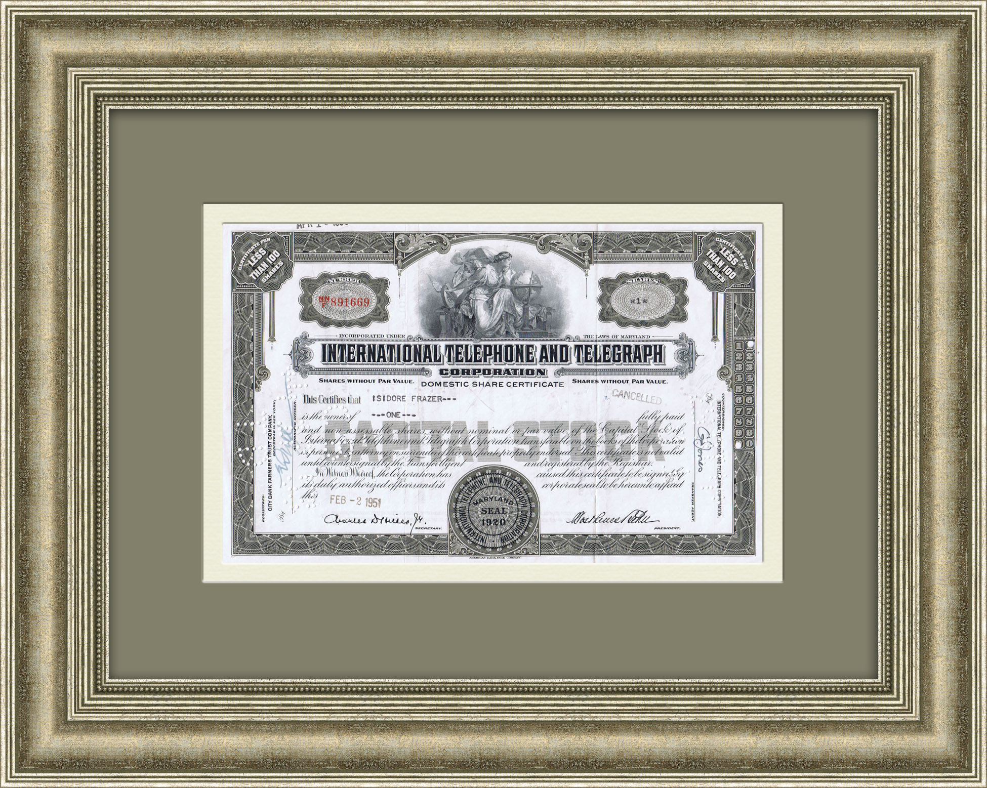 Телефон и телеграф, сертификат на 100 акций американской компании Телефон и телеграф, сертификат на 100 акций американской компании