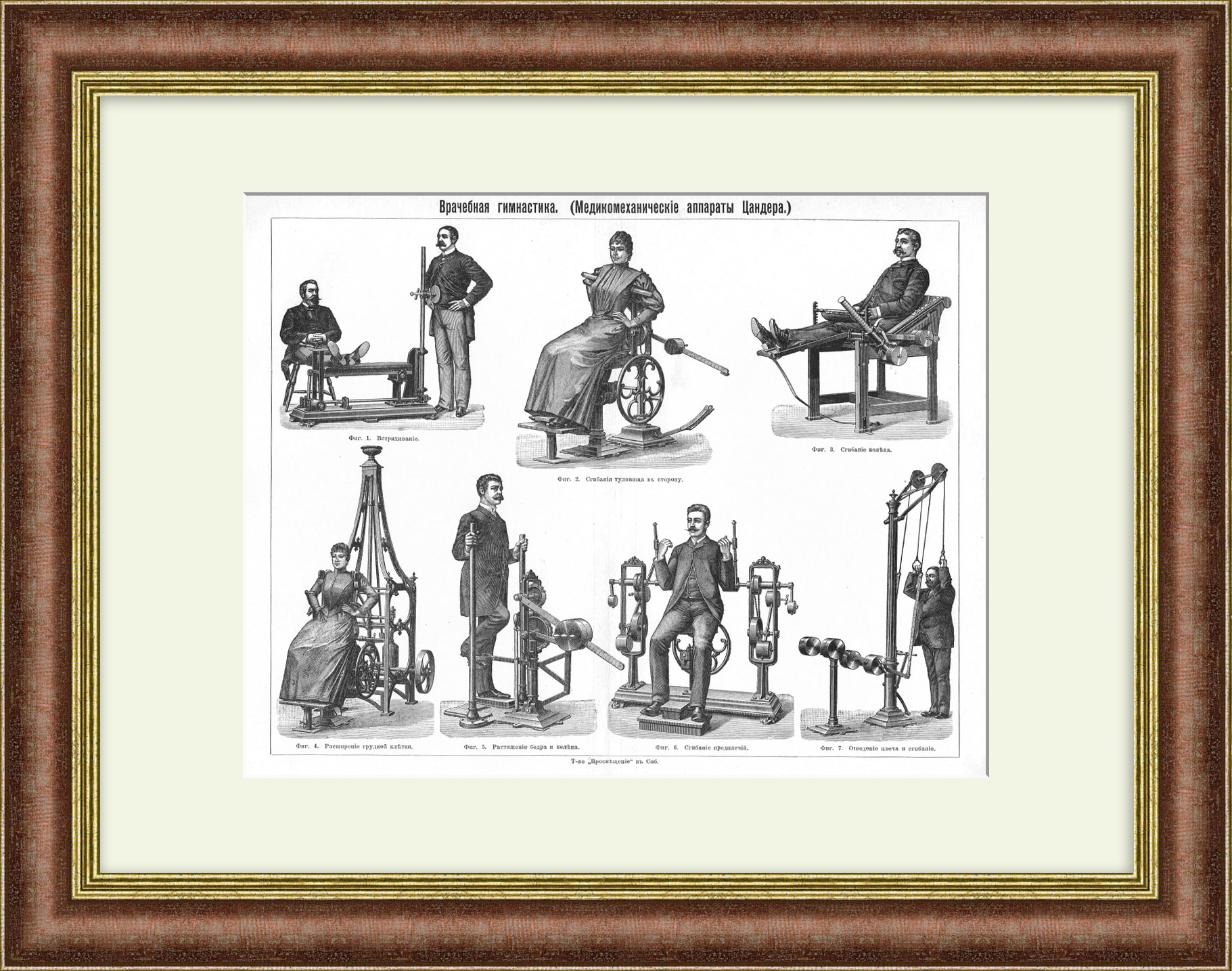 Лечебная гимнастика, спортивные тренажеры. Старинная гравюра Лечебная гимнастика, спортивные тренажеры. Старинная гравюра