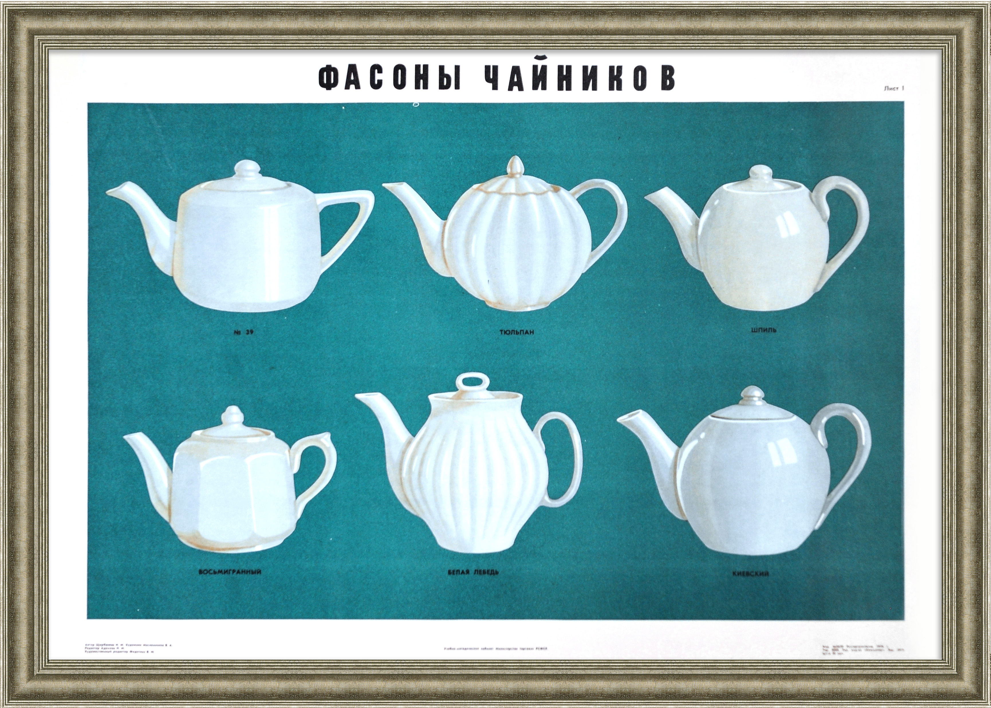 Фасоны чайников. Советский фарфор, редкий плакат Фасоны чайников. Советский фарфор, редкий плакат