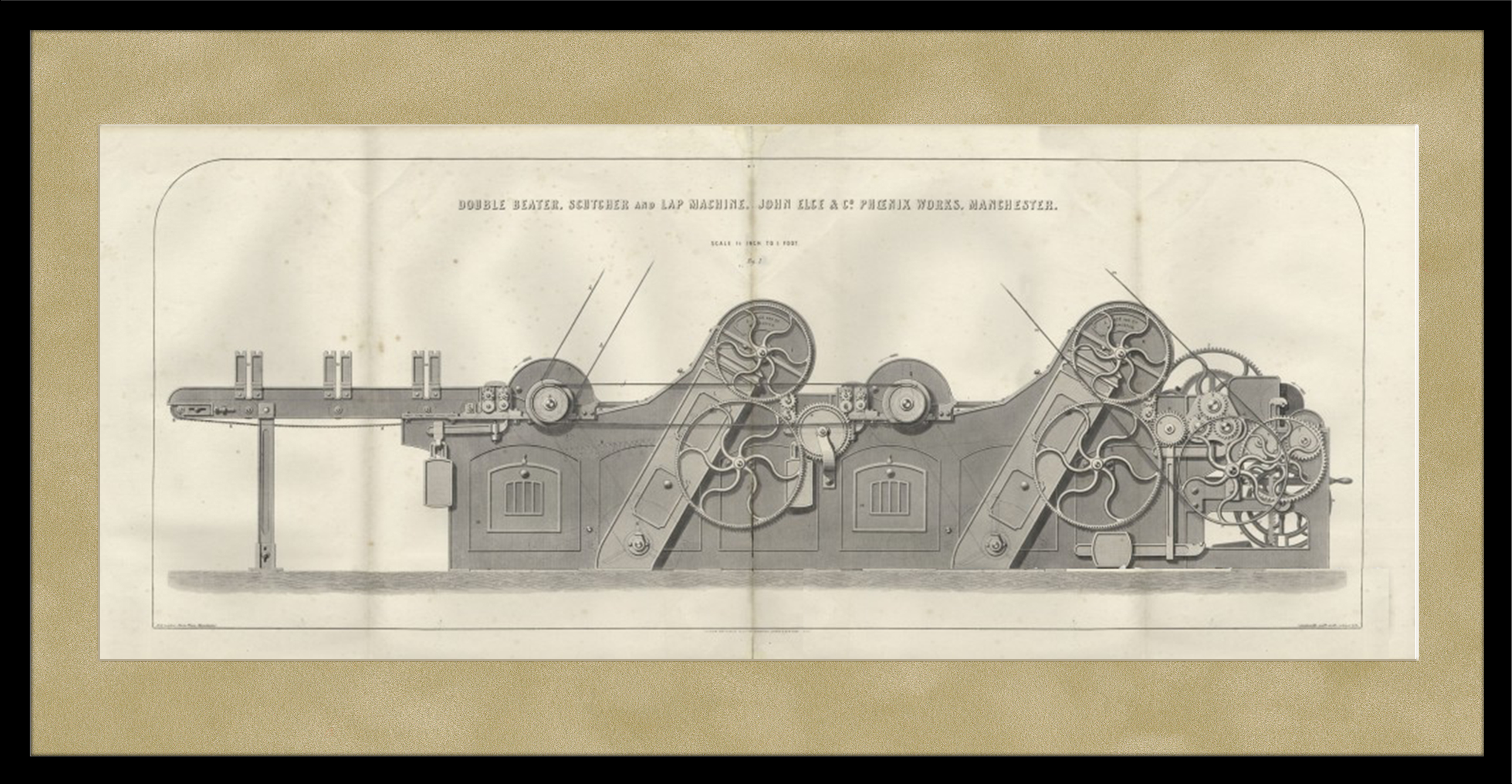 Машина для обработки хлопкового волокна Джона Элиса. Литография 19 века Машина для обработки хлопкового волокна Джона Элиса. Литография 19 века